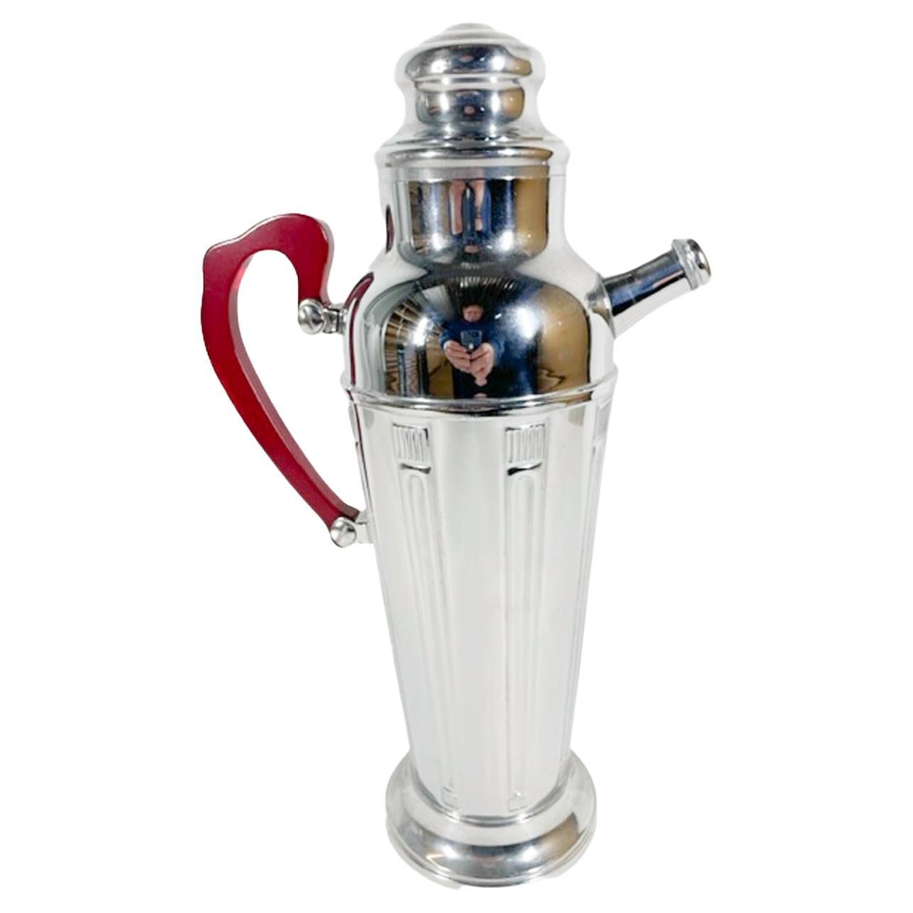 Art Deco Urn-Form Chrome Cocktail Shaker with Molded Columns & Red Lucite Handle