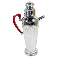 Art Deco Urn-Form Chrome Cocktail Shaker with Molded Columns & Red Lucite Handle