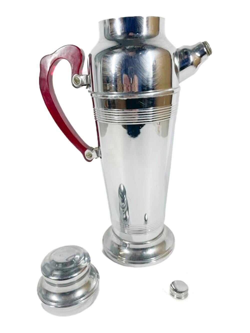 American Art Deco Urn-Form Chrome Cocktail Shaker with Reeded Bands and Red Lucite Handle
