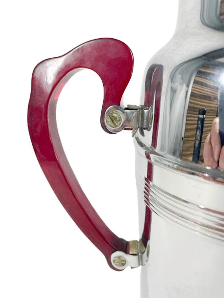 Art Deco UrnForm Chrome Cocktail Shaker with Reeded Bands and Red