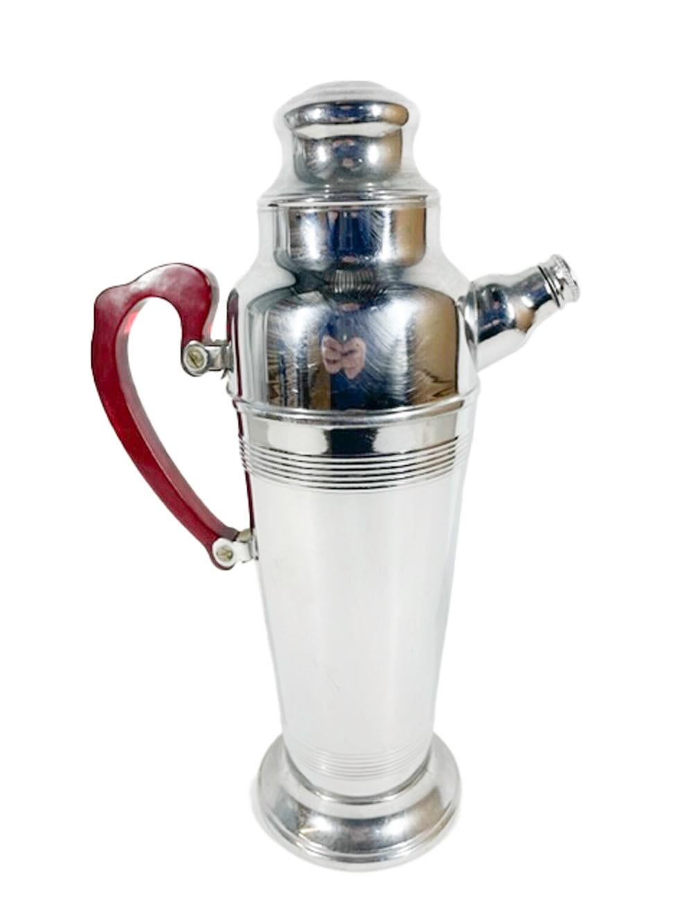 20th Century Art Deco Urn-Form Chrome Cocktail Shaker with Reeded Bands and Red Lucite Handle