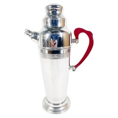 Art Deco Urn-Form Chrome Cocktail Shaker with Reeded Bands and Red Lucite Handle