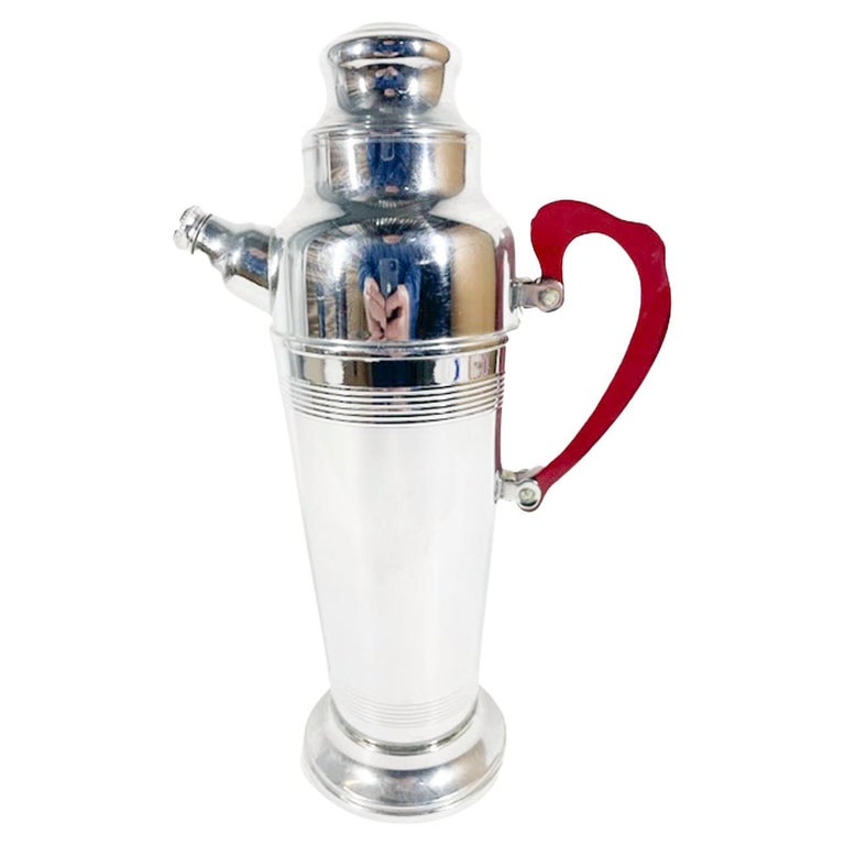 Art Deco UrnForm Chrome Cocktail Shaker with Reeded Bands and Red