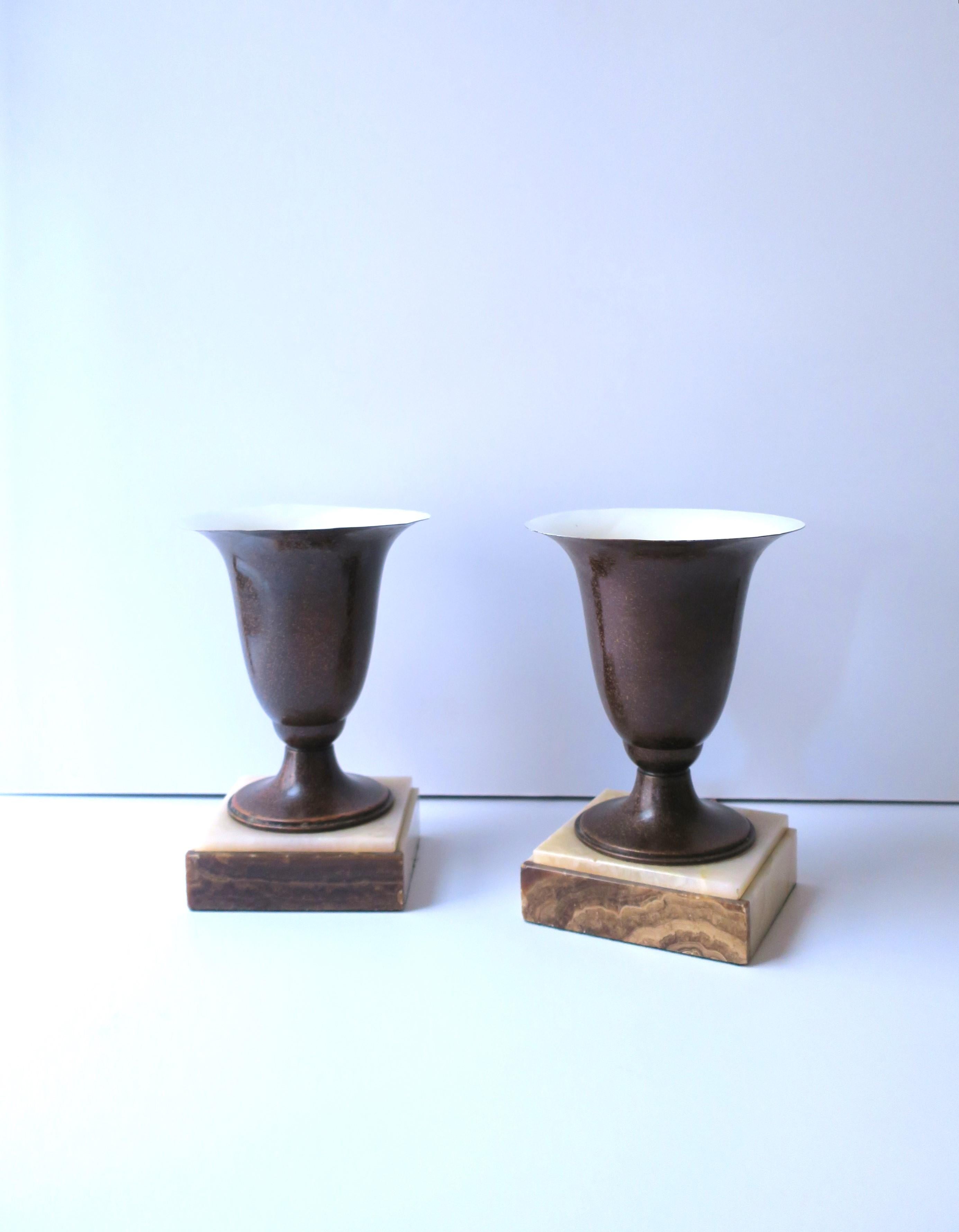 Metal Art Deco Urn Form Table Lamps Onyx Marble Bases, Pair For Sale