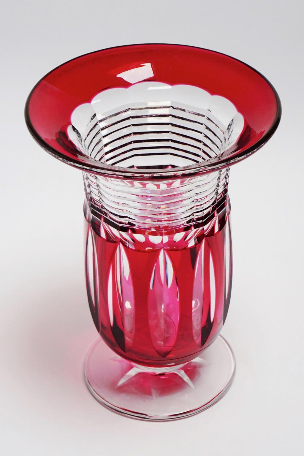 Cut Glass Art Deco Val Saint Lambert Antar Red Crystal Vase by Joseph Simon For Sale
