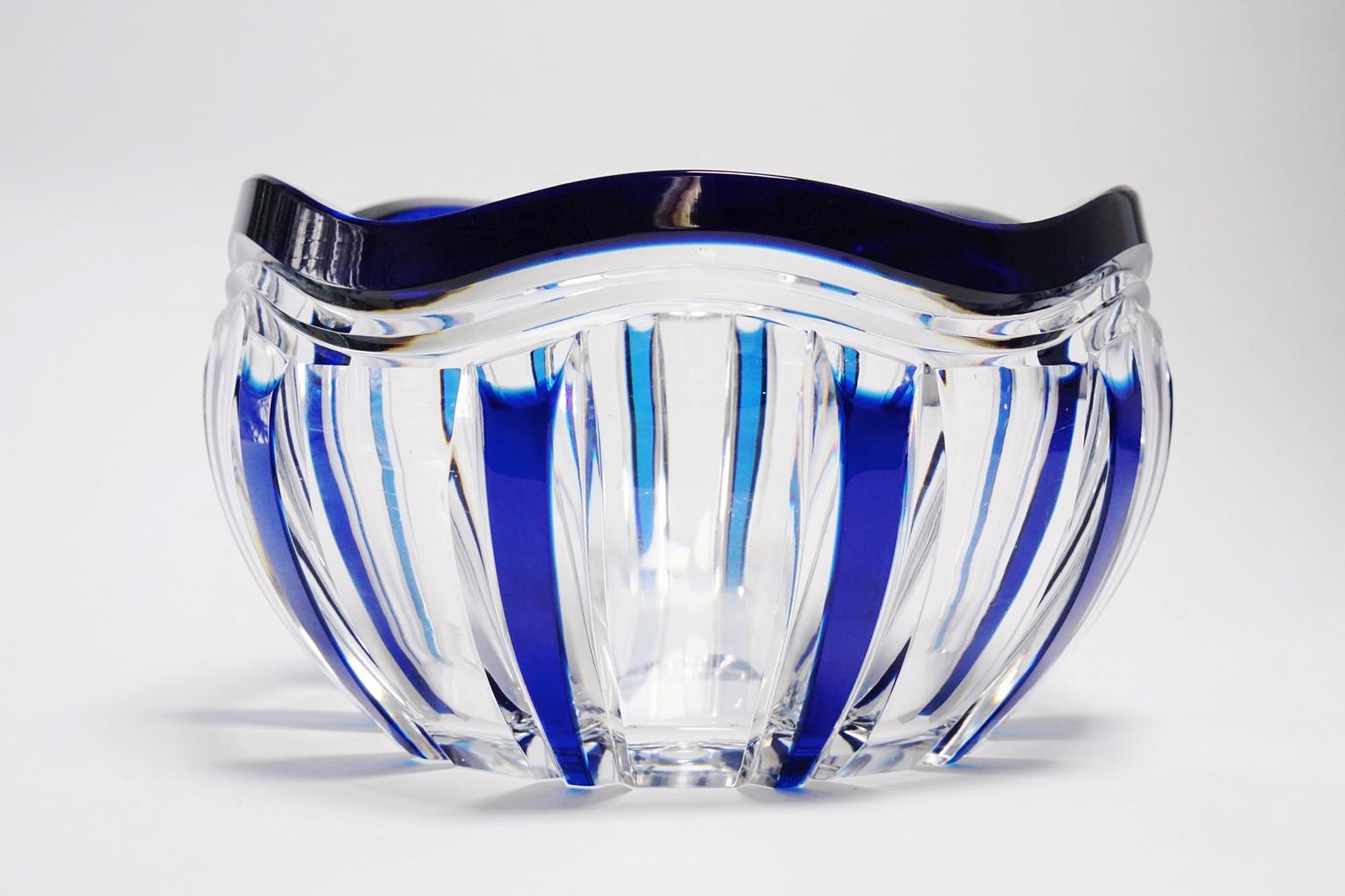 Belgian Art Deco Val Saint Lambert Blue Overlaid Pietro Crystal Bowl by Joseph Simon For Sale