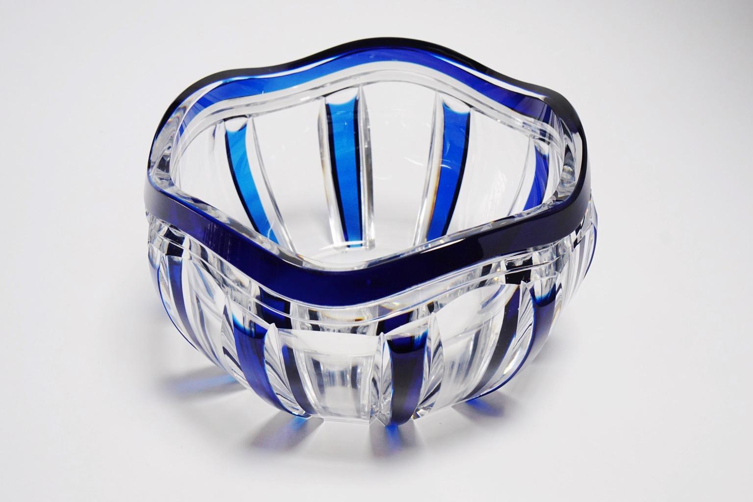 Cut Glass Art Deco Val Saint Lambert Blue Overlaid Pietro Crystal Bowl by Joseph Simon For Sale