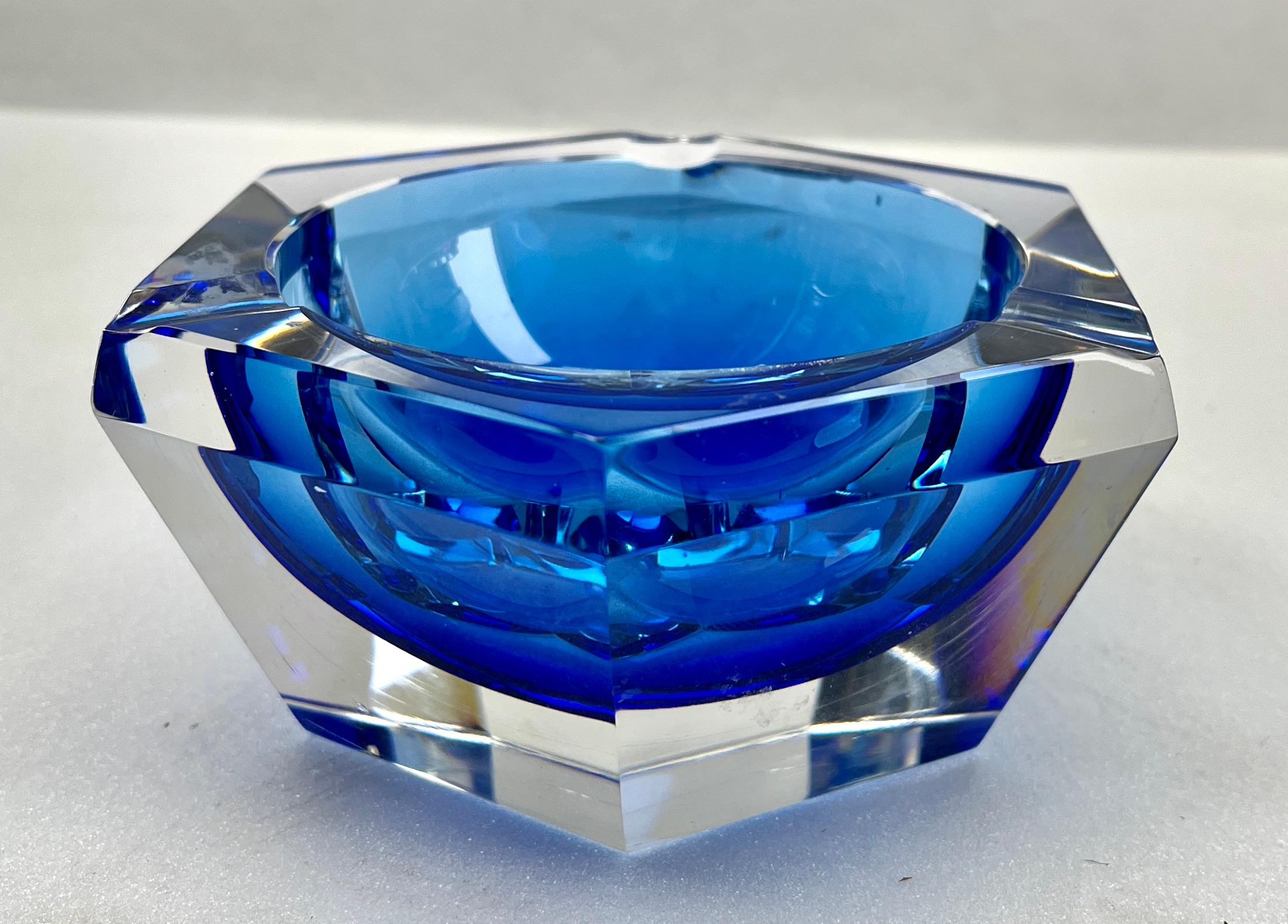 Mid-Century Modern Art Deco Val Saint Lambert Cobalt Crystal Ashtray Faceted, 1950s For Sale