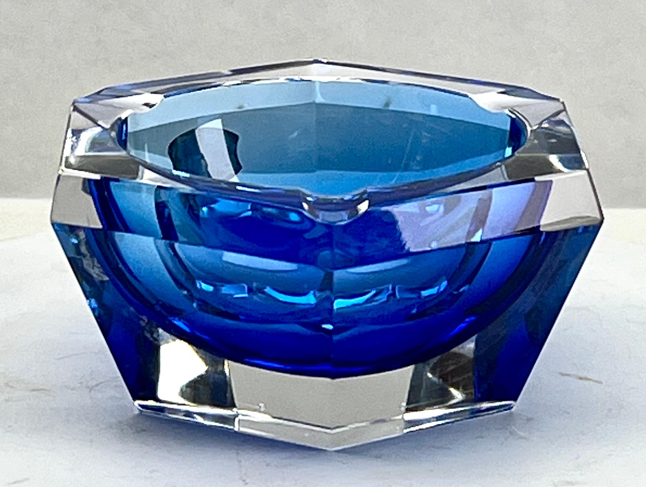 Mid-20th Century Art Deco Val Saint Lambert Cobalt Crystal Ashtray Faceted, 1950s For Sale