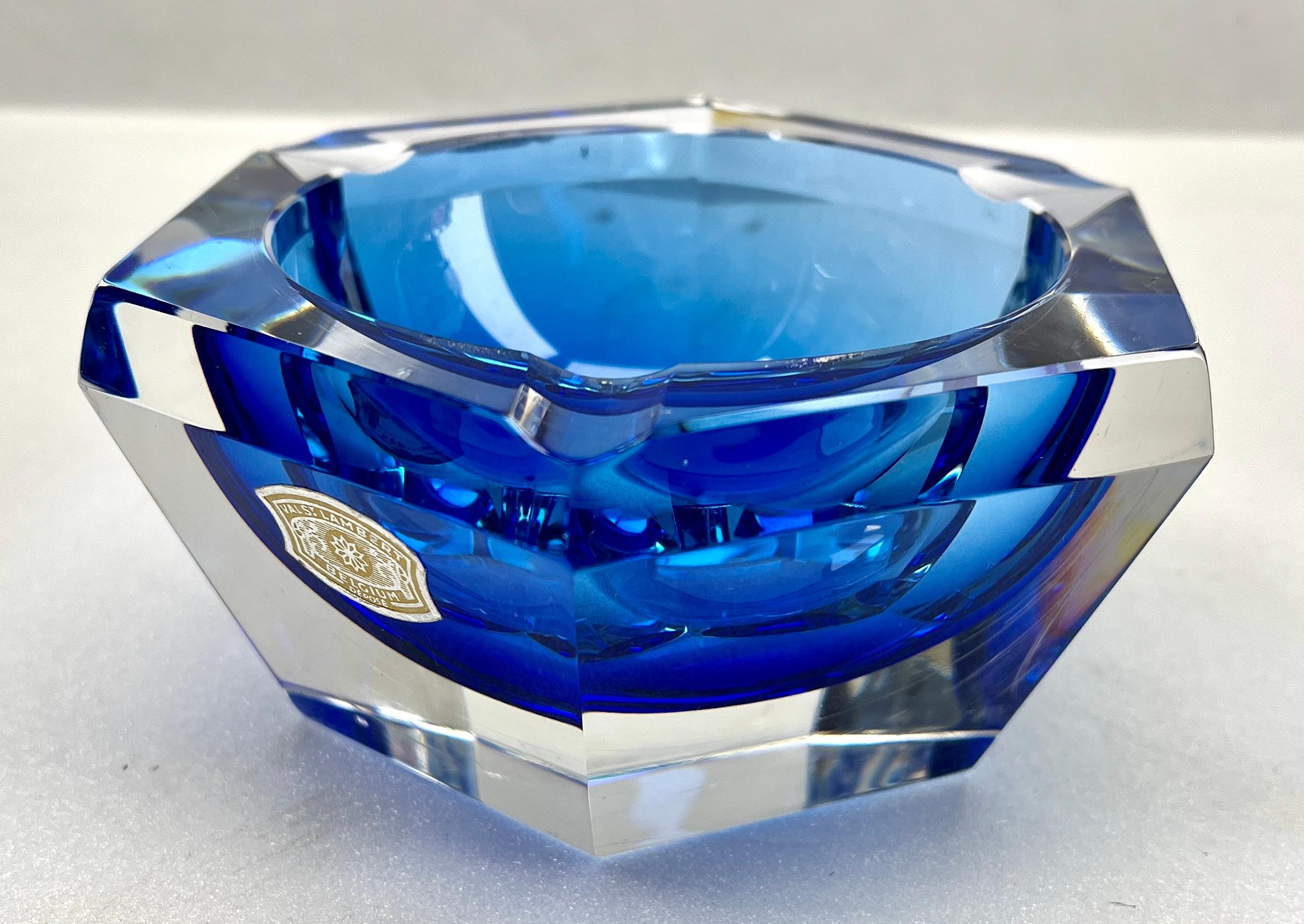 Art Deco Val Saint Lambert Cobalt Crystal Ashtray Faceted, 1950s For Sale 3