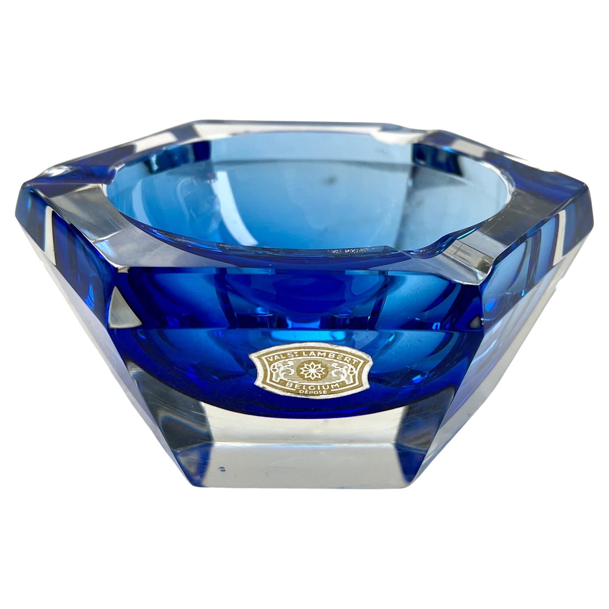 Art Deco Val Saint Lambert Cobalt Crystal Ashtray Faceted, 1950s For Sale