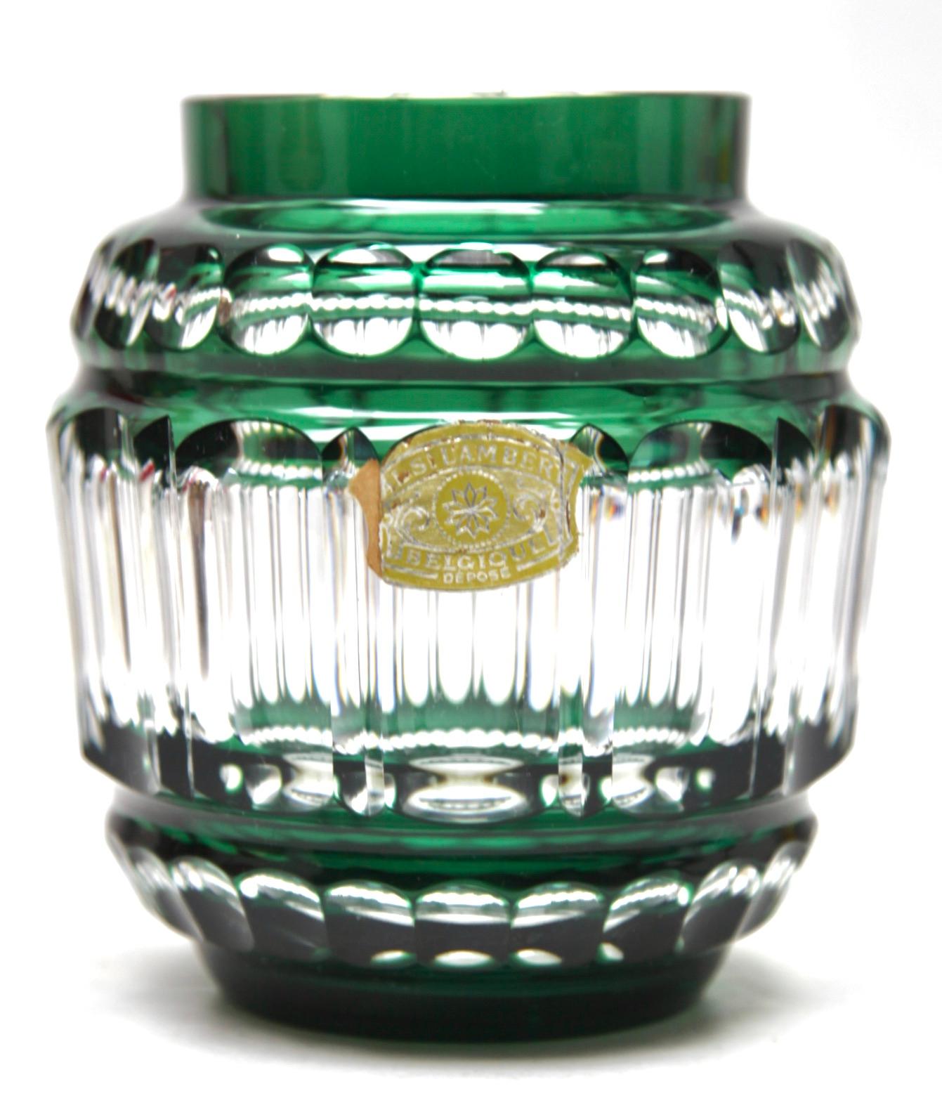 Faceted Art Deco Val Saint-Lambert Green Crystal Vase Cut-to-clear, 1950s For Sale