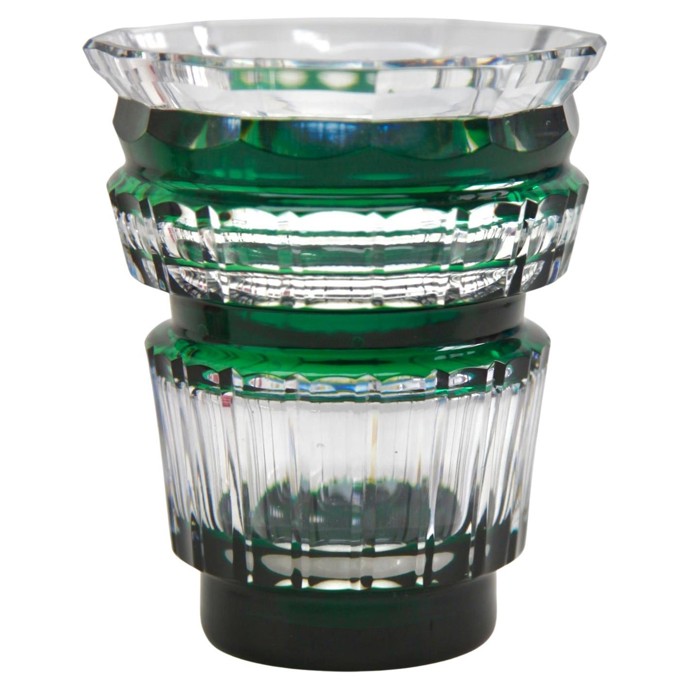 Art Deco Val Saint-Lambert Green Crystal Vase Cut-to-clear, 1950s For Sale