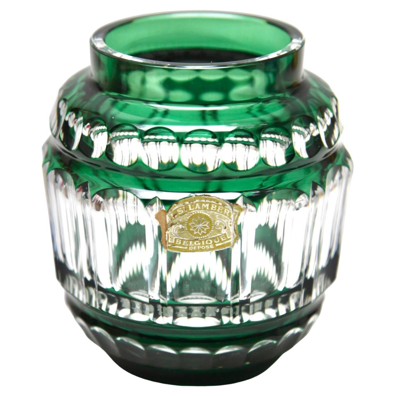 Art Deco Val Saint-Lambert Green Crystal Vase Cut-to-clear, 1950s For Sale