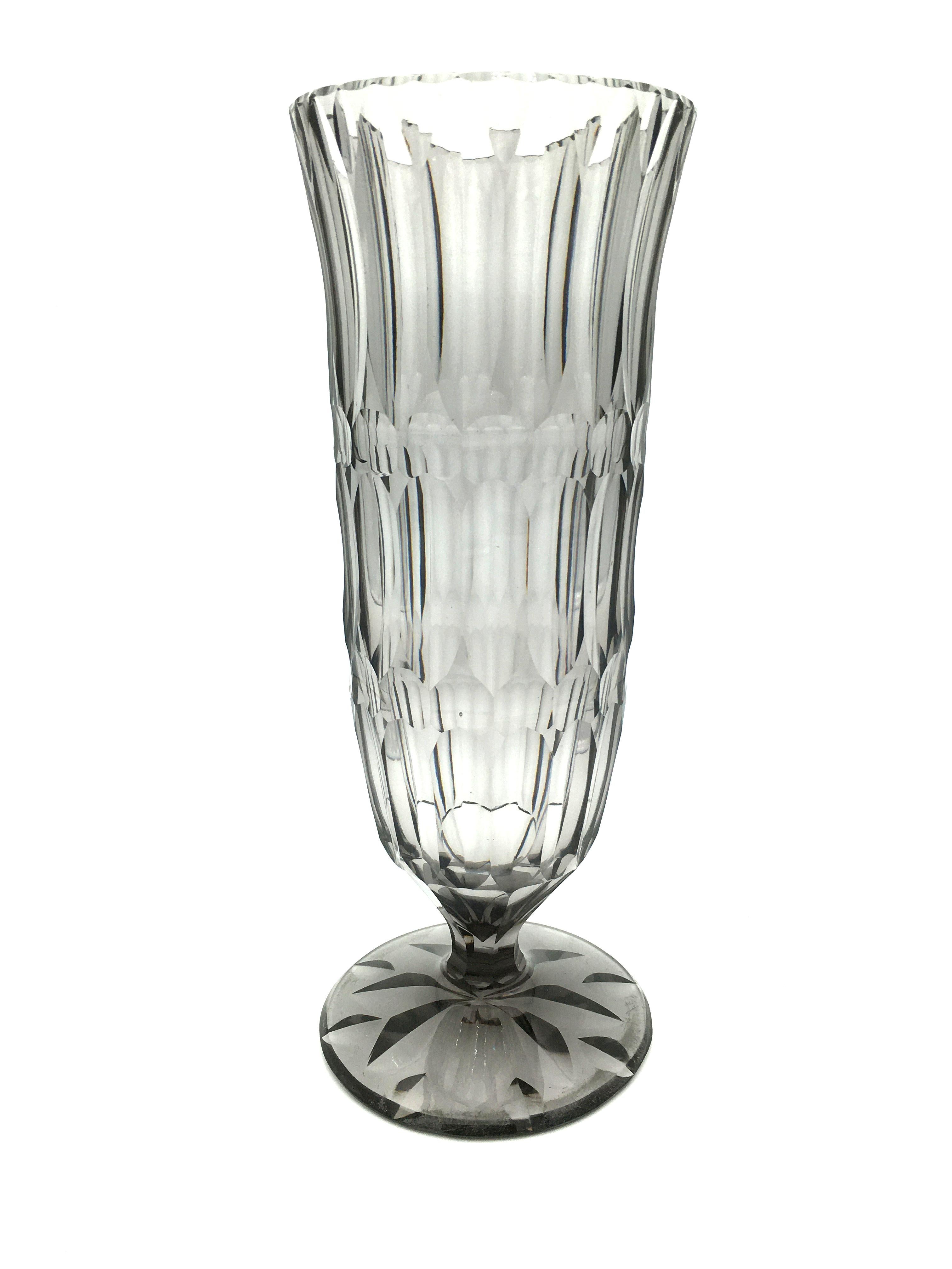 Very elegant Art Deco Val St Lambert grey lead crystal cut vase. 
Belgium,
circa 1930.
 