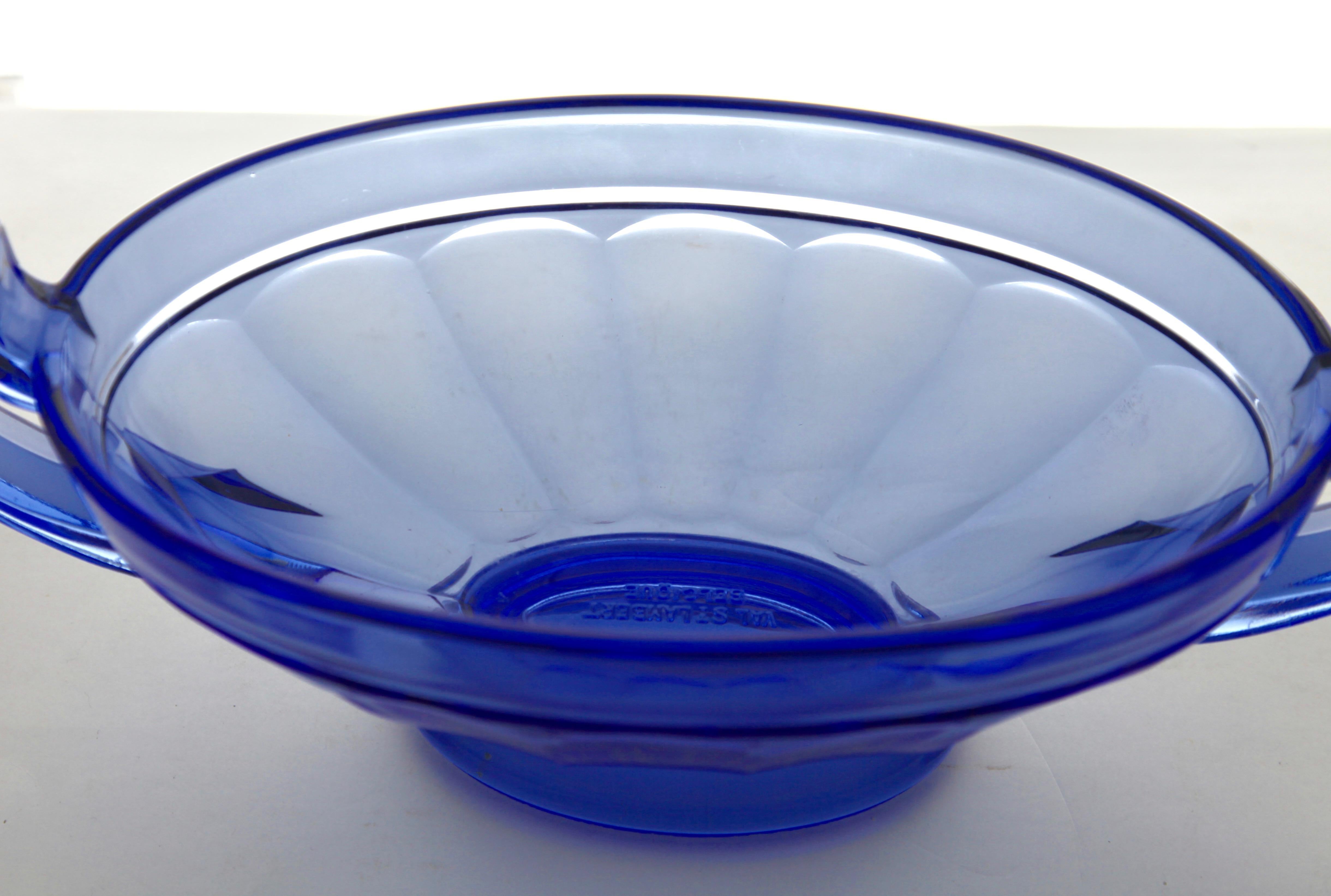 Belgian Art Deco Val Saint Lambert, Signed Luxval, Blue Coupe Noemie Ovale, 1935