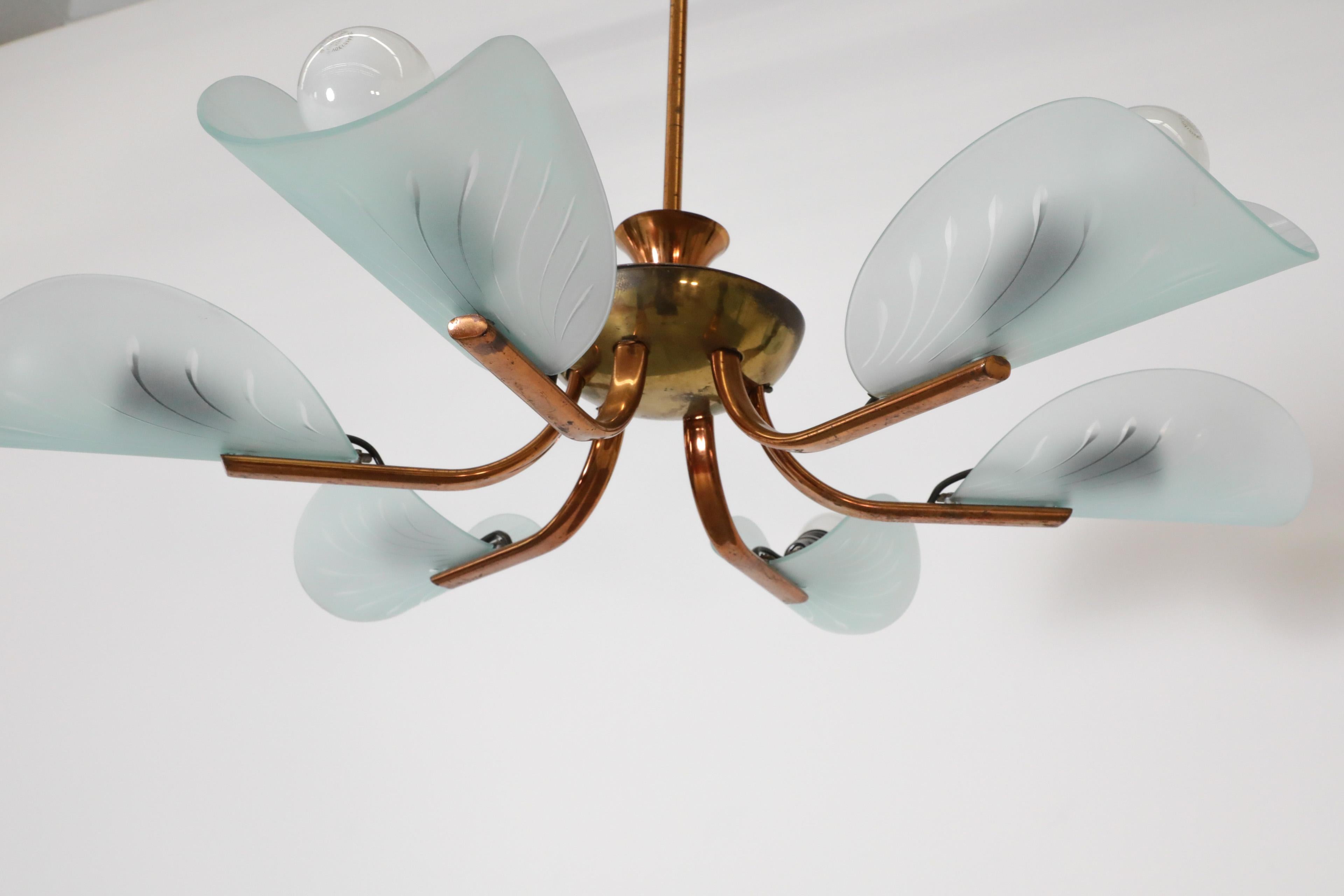 Frosted Art Deco Valinte Oy style Copper and Brass Chandelier with Petal Glass Shades For Sale