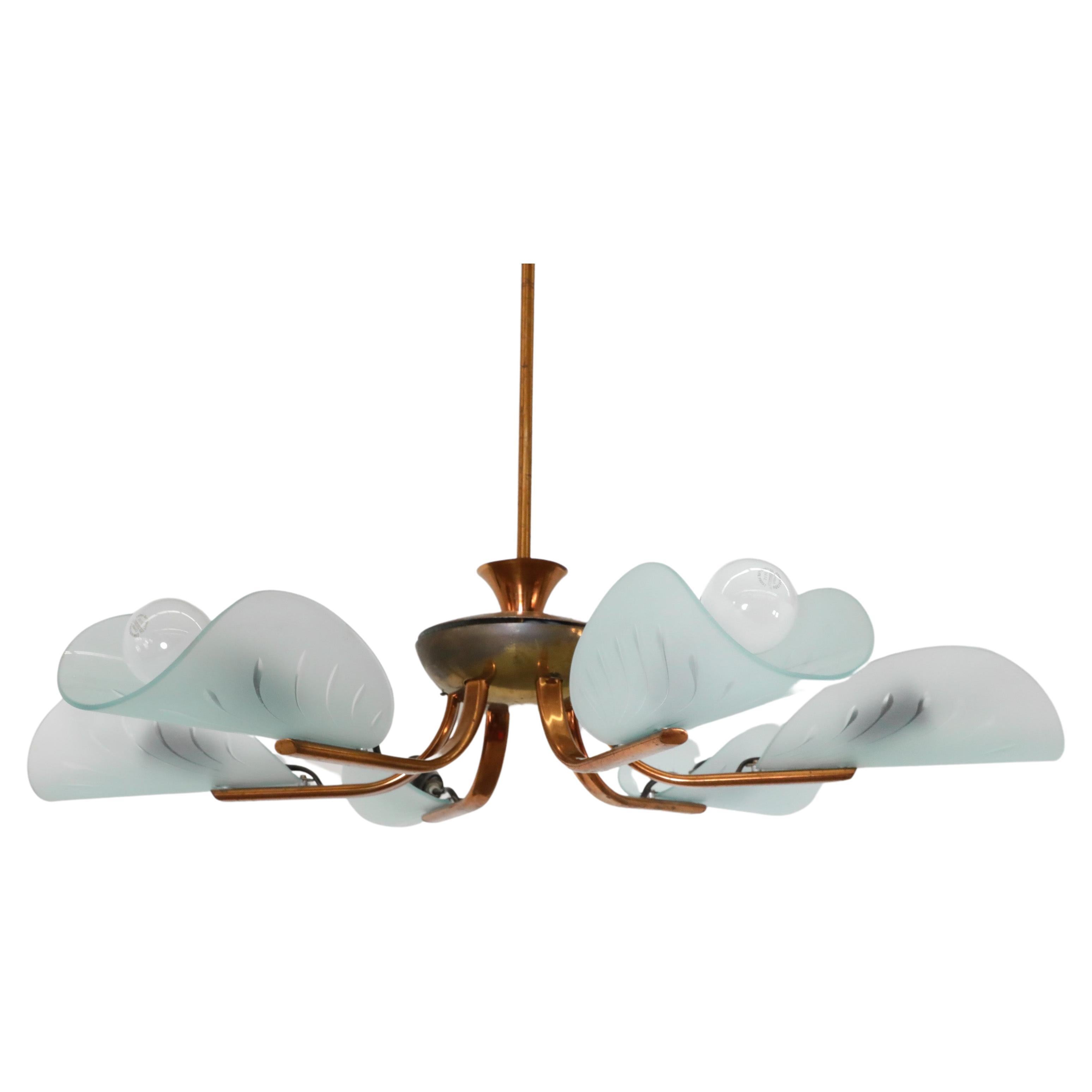 Art Deco Valinte Oy style Copper and Brass Chandelier with Petal Glass Shades For Sale
