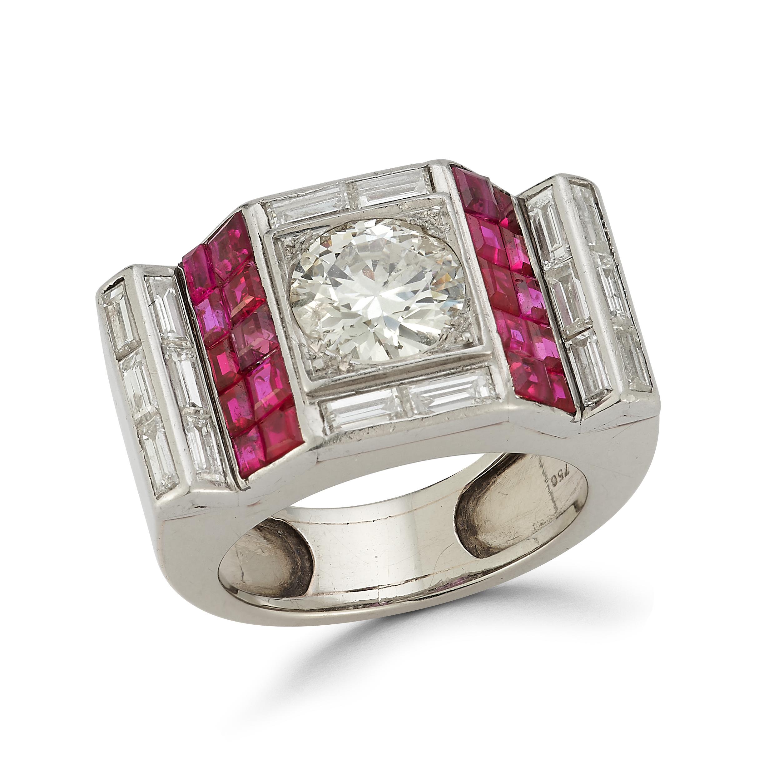 Van Cleef & Arpels Diamond & Ruby Ring

An 18 karat white gold ring reminiscent of mystery setting set with a central old European cut diamond, weighing approximately 1.4 carats, framed by 16 baguette cut diamonds and 20 square cut rubies

Signed