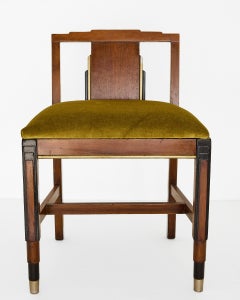 Vanity Chair Art Deco, siège en velours olive, détails en bois doré et ébonisé, c. 1930s