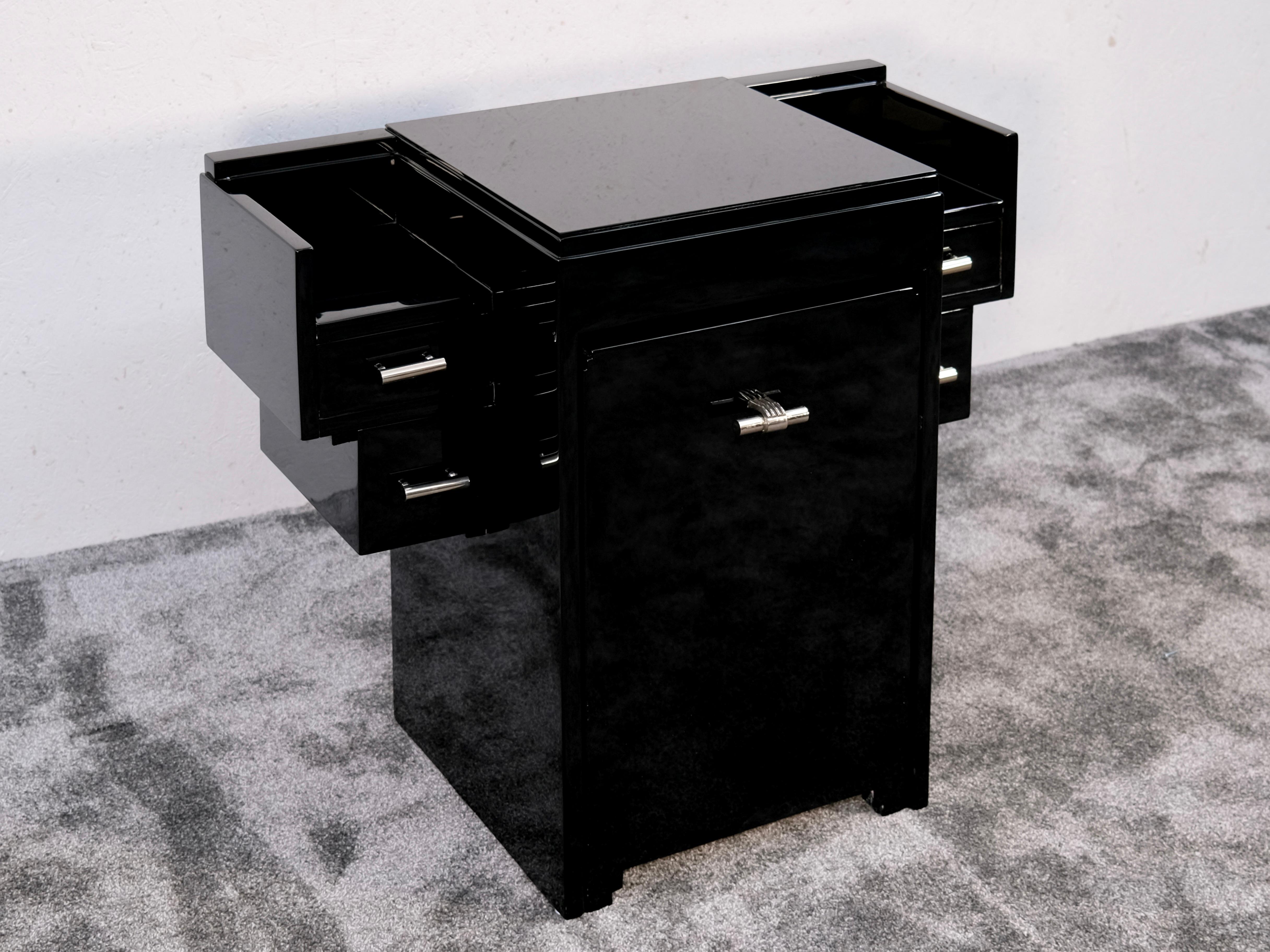 French Art Deco Vanity Desk Coiffeuse in Black Lacquer with Stool, France 1940s