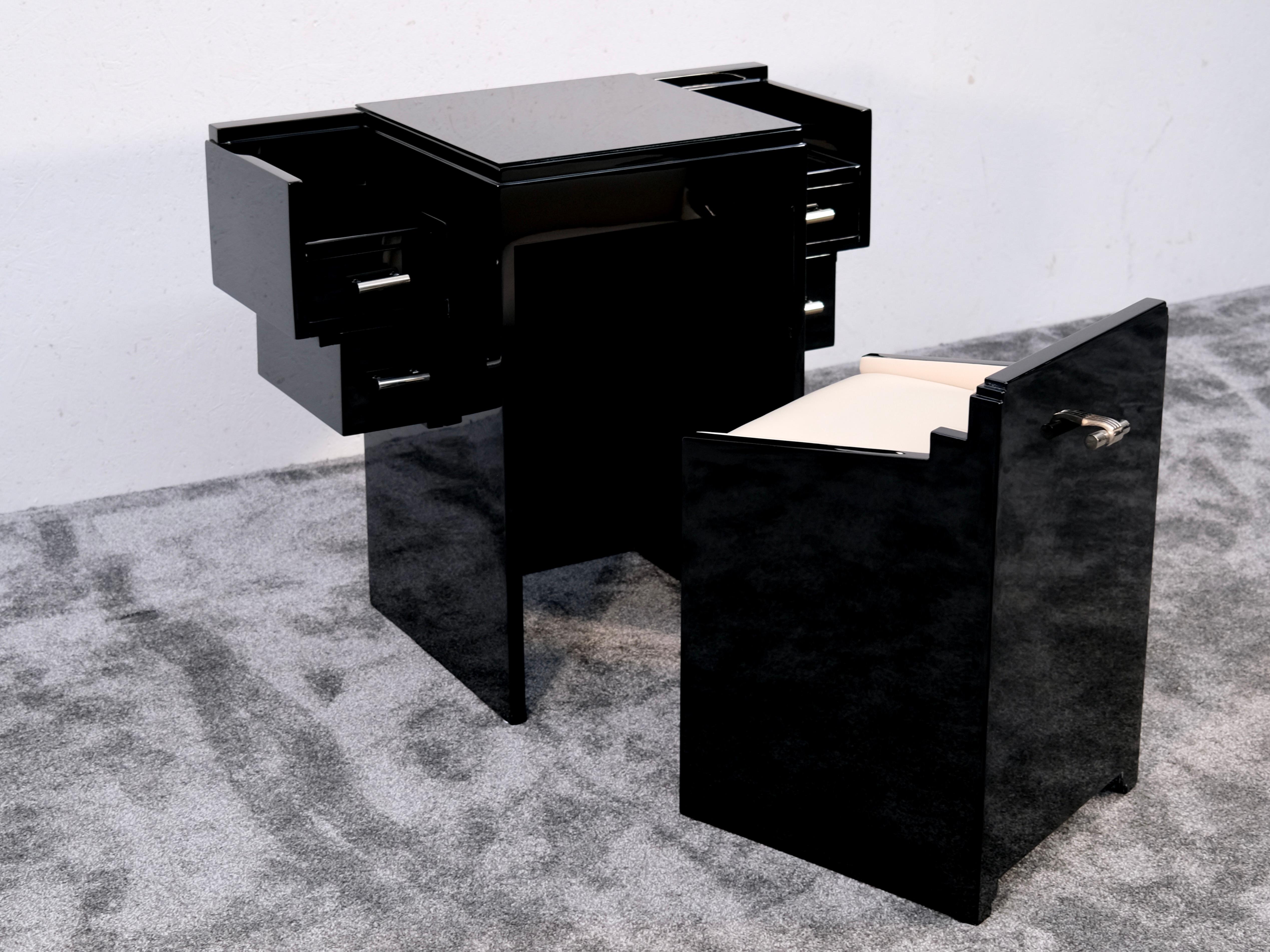 Blackened Art Deco Vanity Desk Coiffeuse in Black Lacquer with Stool, France 1940s