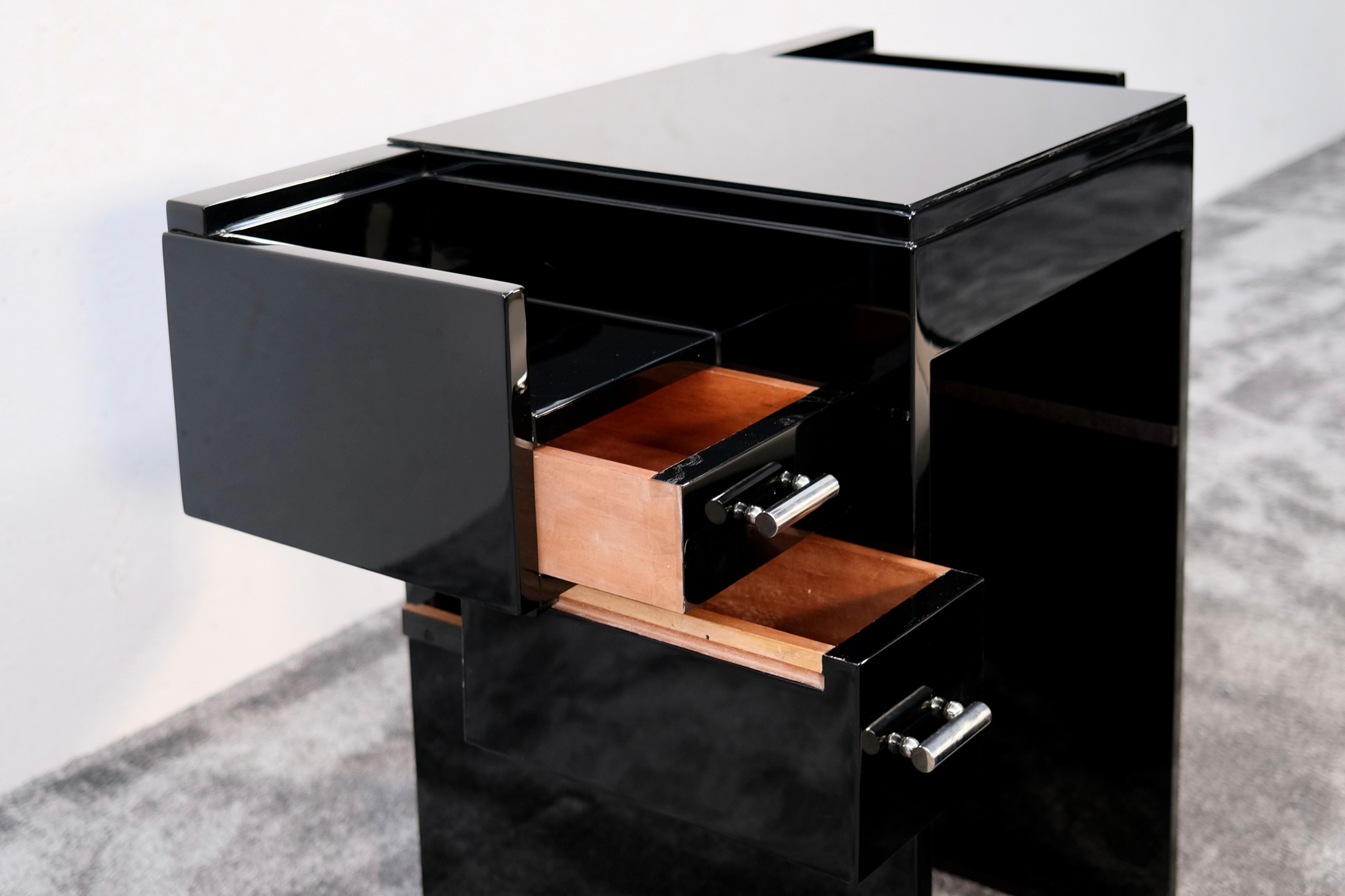 Art Deco Vanity Desk Coiffeuse in Black Lacquer with Stool, France 1940s In Good Condition In Ulm, DE