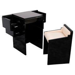 Art Deco Vanity Desk Coiffeuse in Black Lacquer with Stool, France 1940s