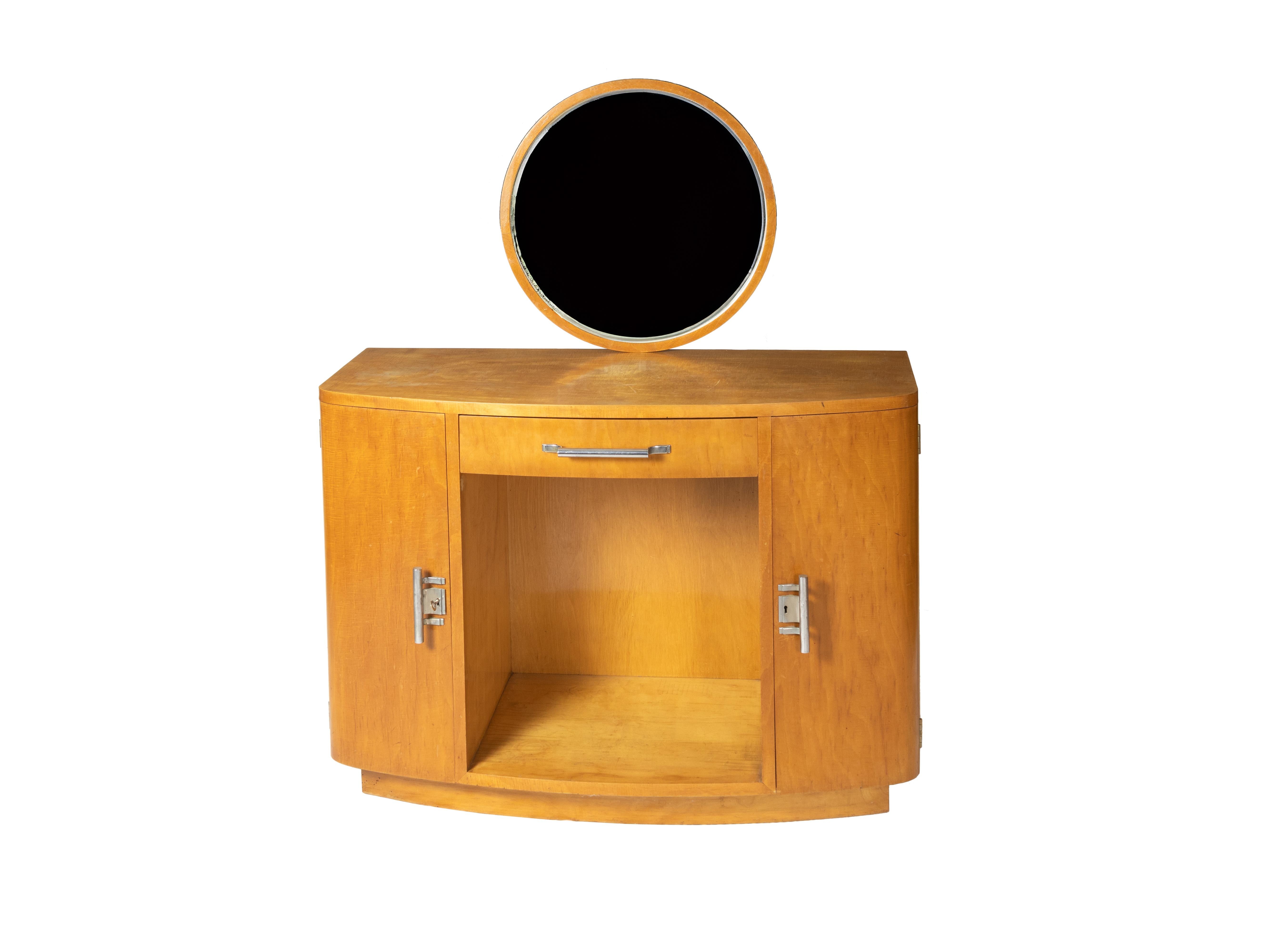 Glass Art Deco Vanity Dressing Console Table With Round Mirror, 20th Century For Sale