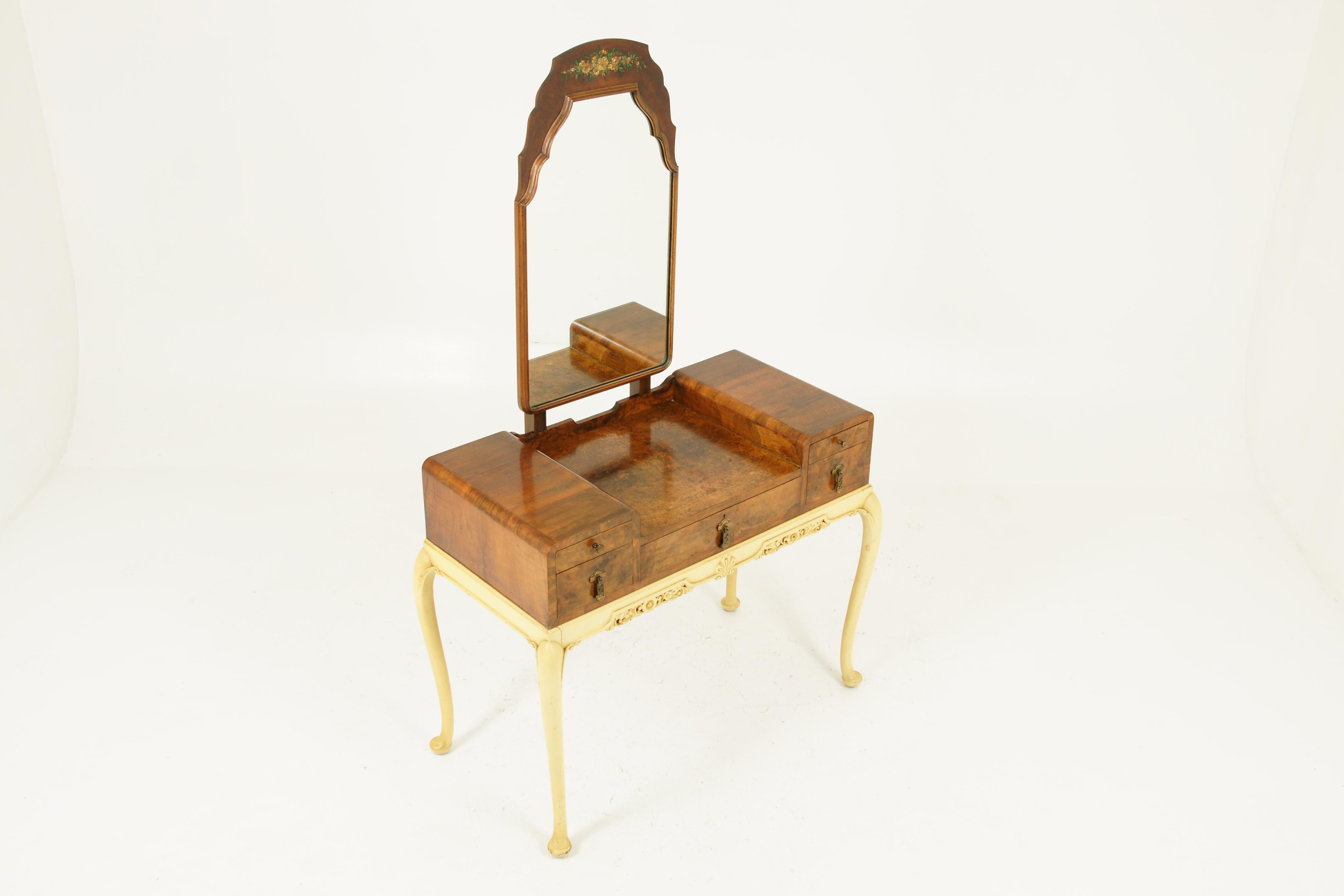 Hand-Crafted Art Deco Vanity, Matching Stool, Burr Walnut, Hand Painted, Scotland 1930 B1771C