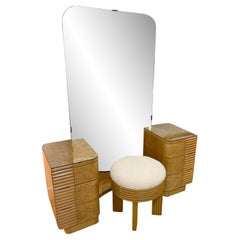 Vanity, miroir et tabouret Art Déco en ronce d'érable