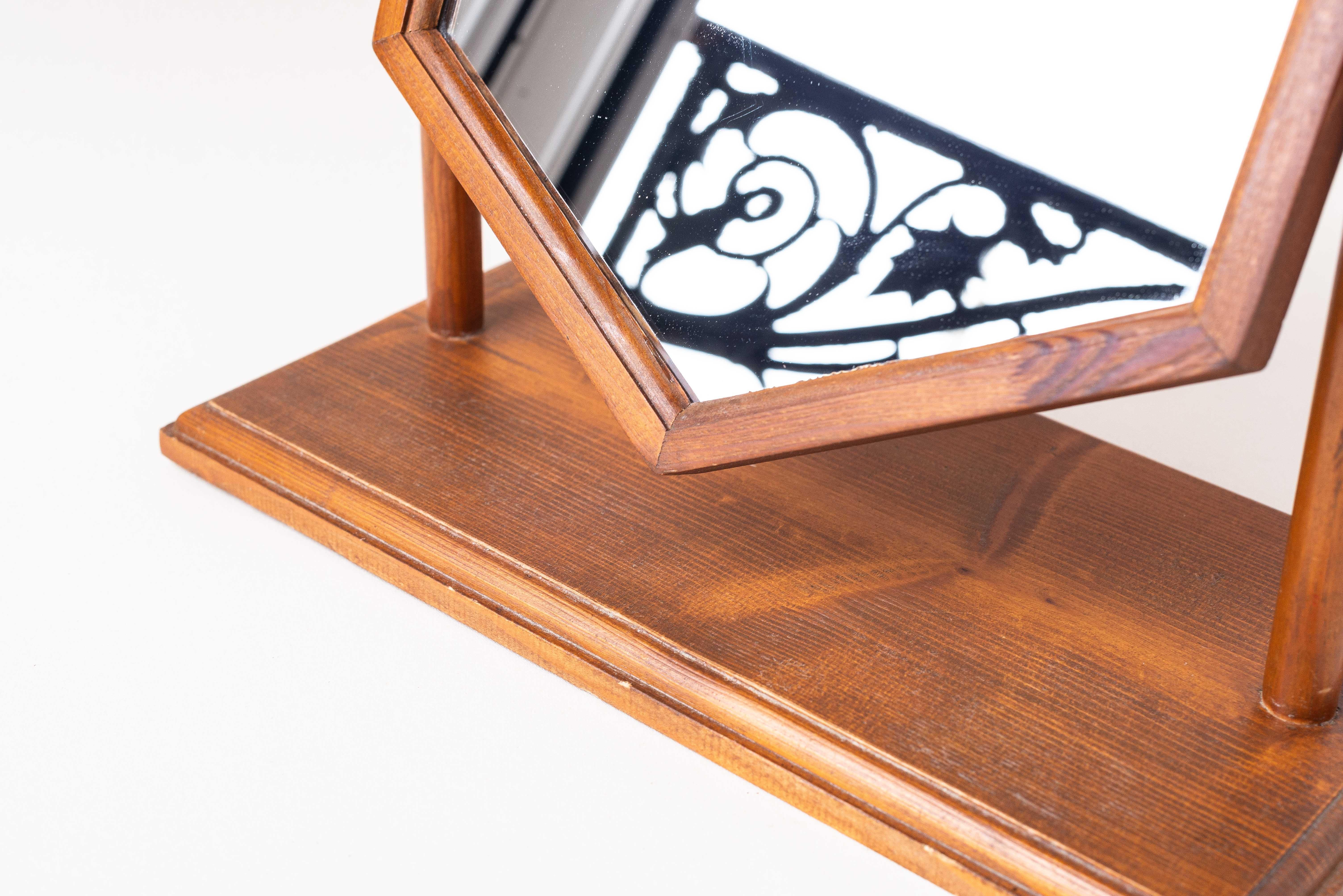 Vanity Mirror, Art Deco Pine Wood 1940s 7