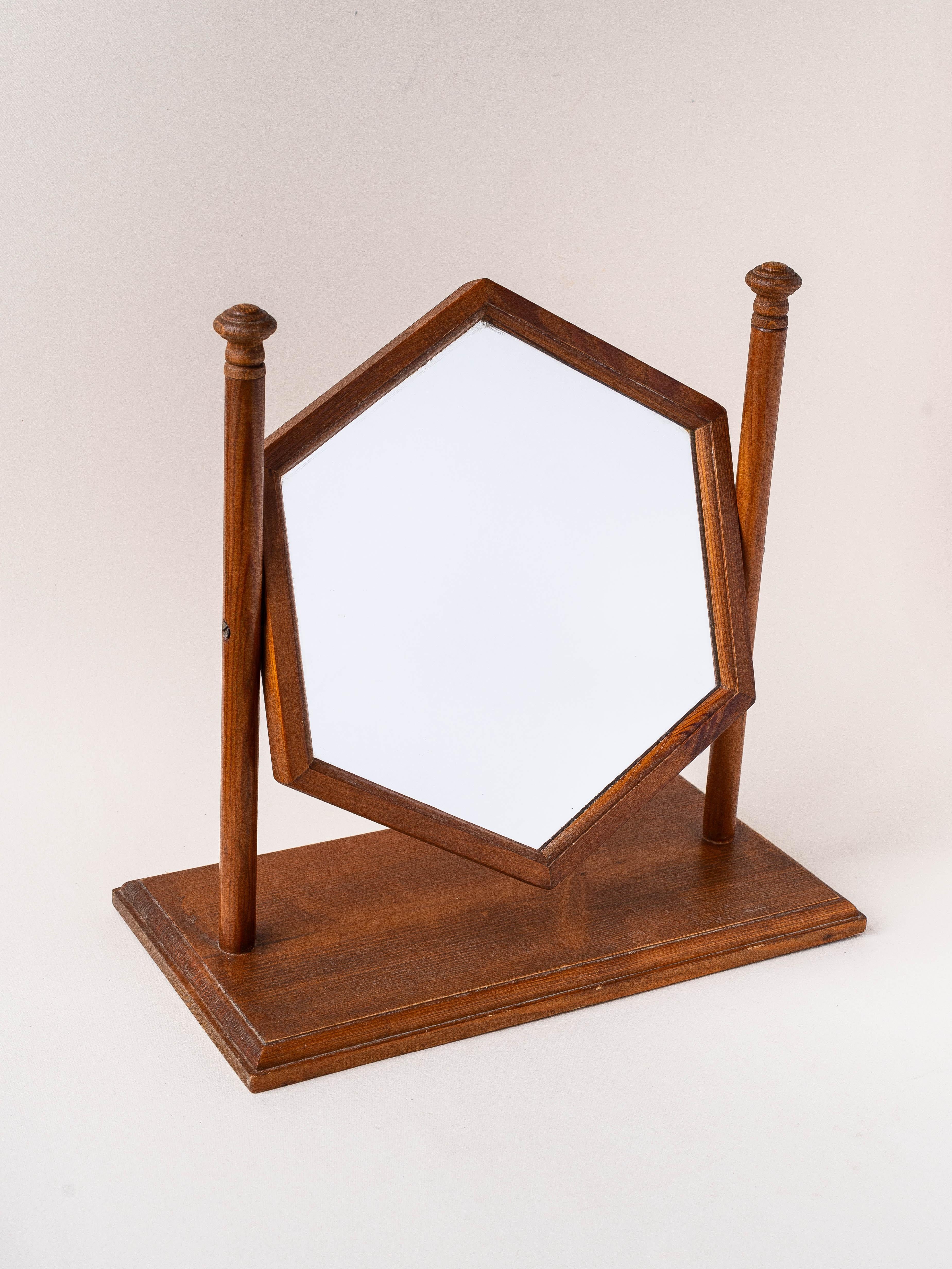Vanity Mirror, Art Deco Pine Wood 1940s 8