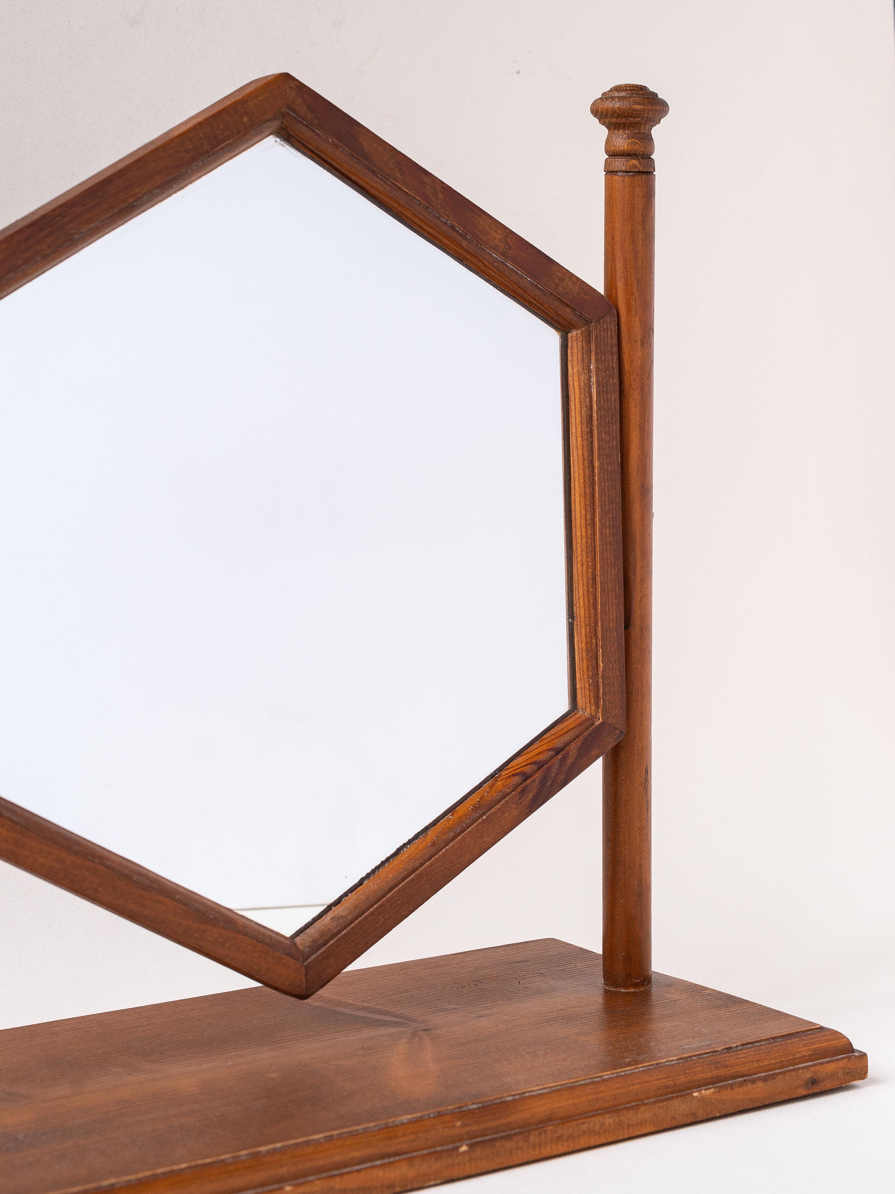 Vanity Mirror, Art Deco Pine Wood 1940s 3