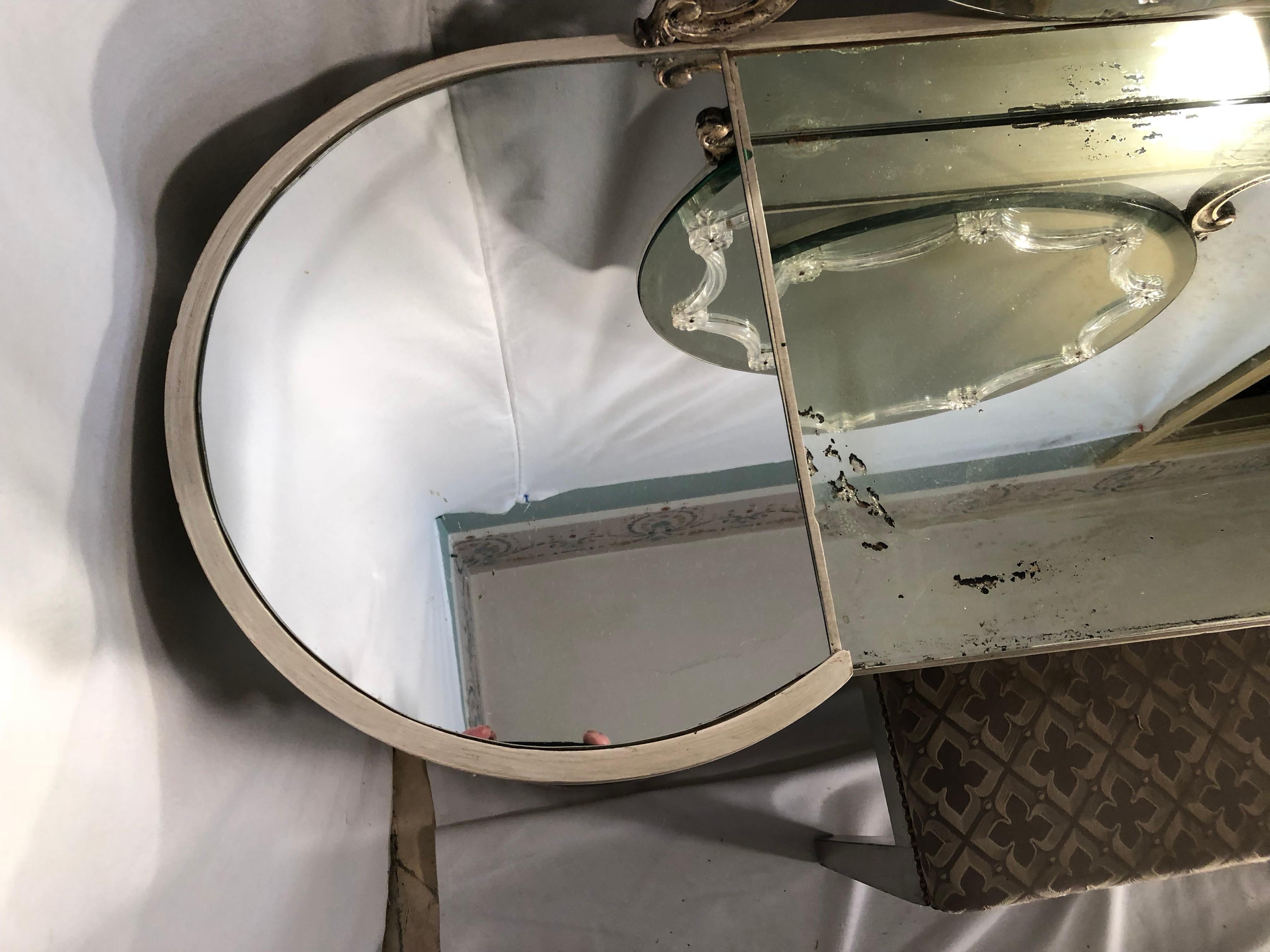 1940s Vanity, Mirrored Glass with Stool, Art Deco Mirror Dressing Table For Sale 4
