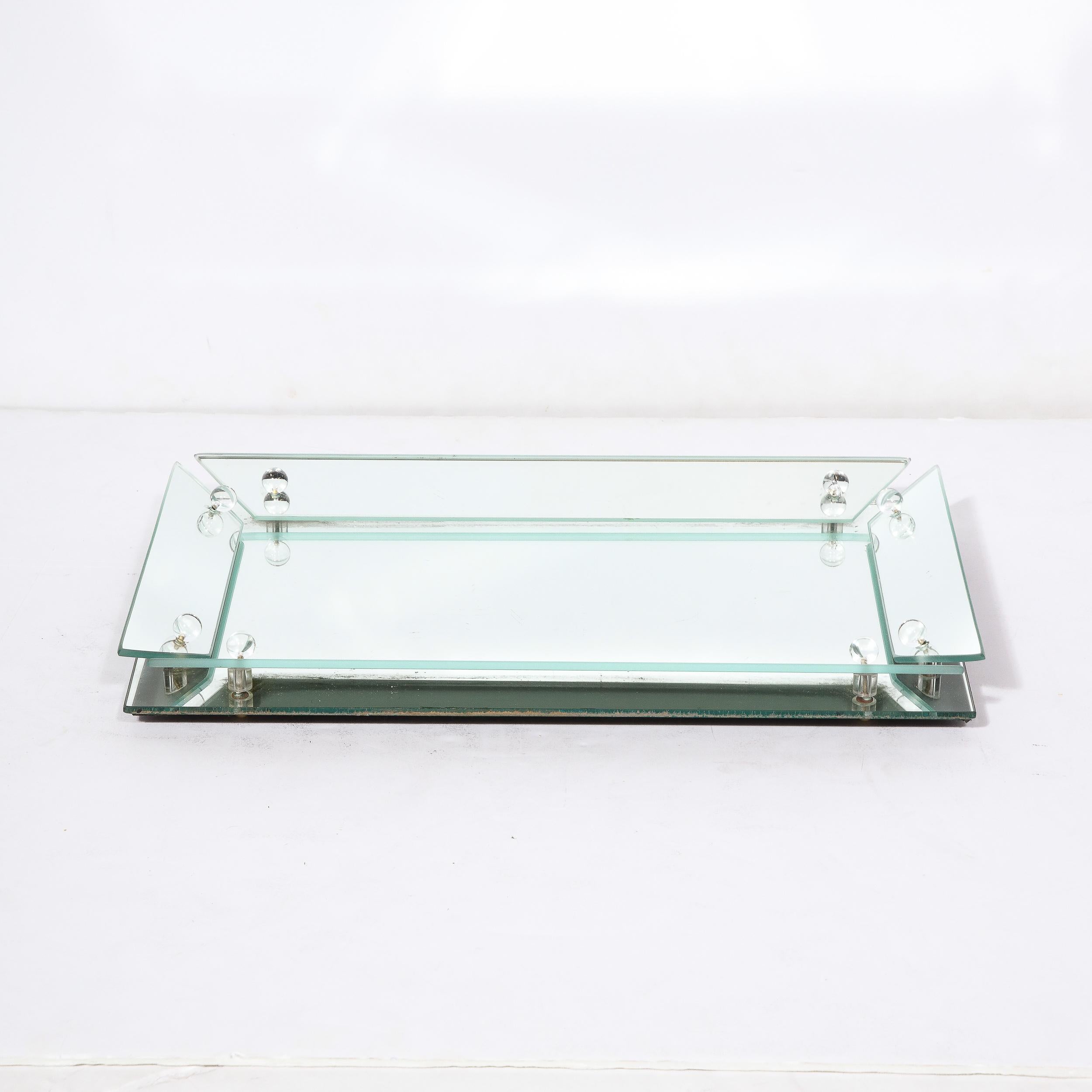 Art Deco Vanity Tray in Beveled Mirror Glass with Glass Studded Detailing For Sale 2