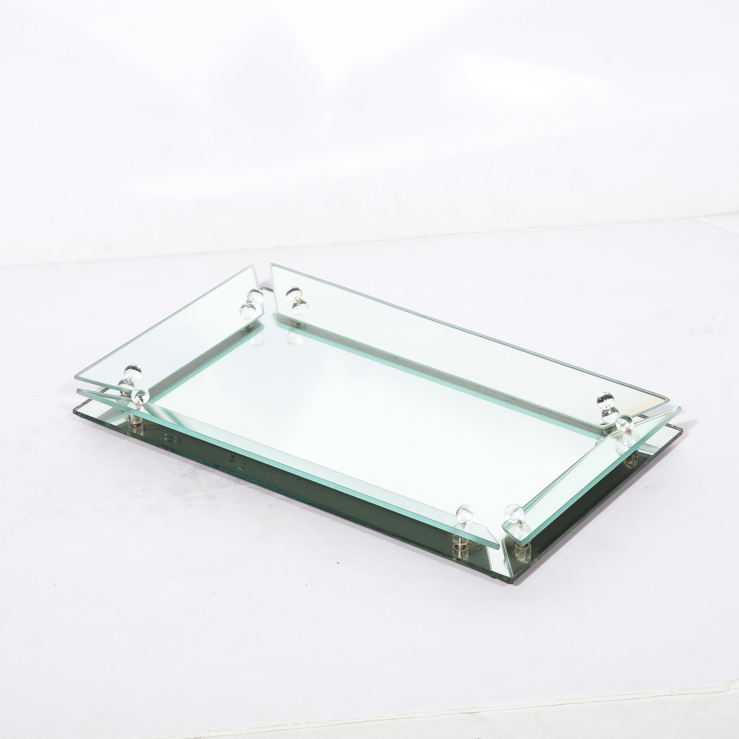Art Deco Vanity Tray in Beveled Mirror Glass with Glass Studded Detailing In Excellent Condition For Sale In New York, NY