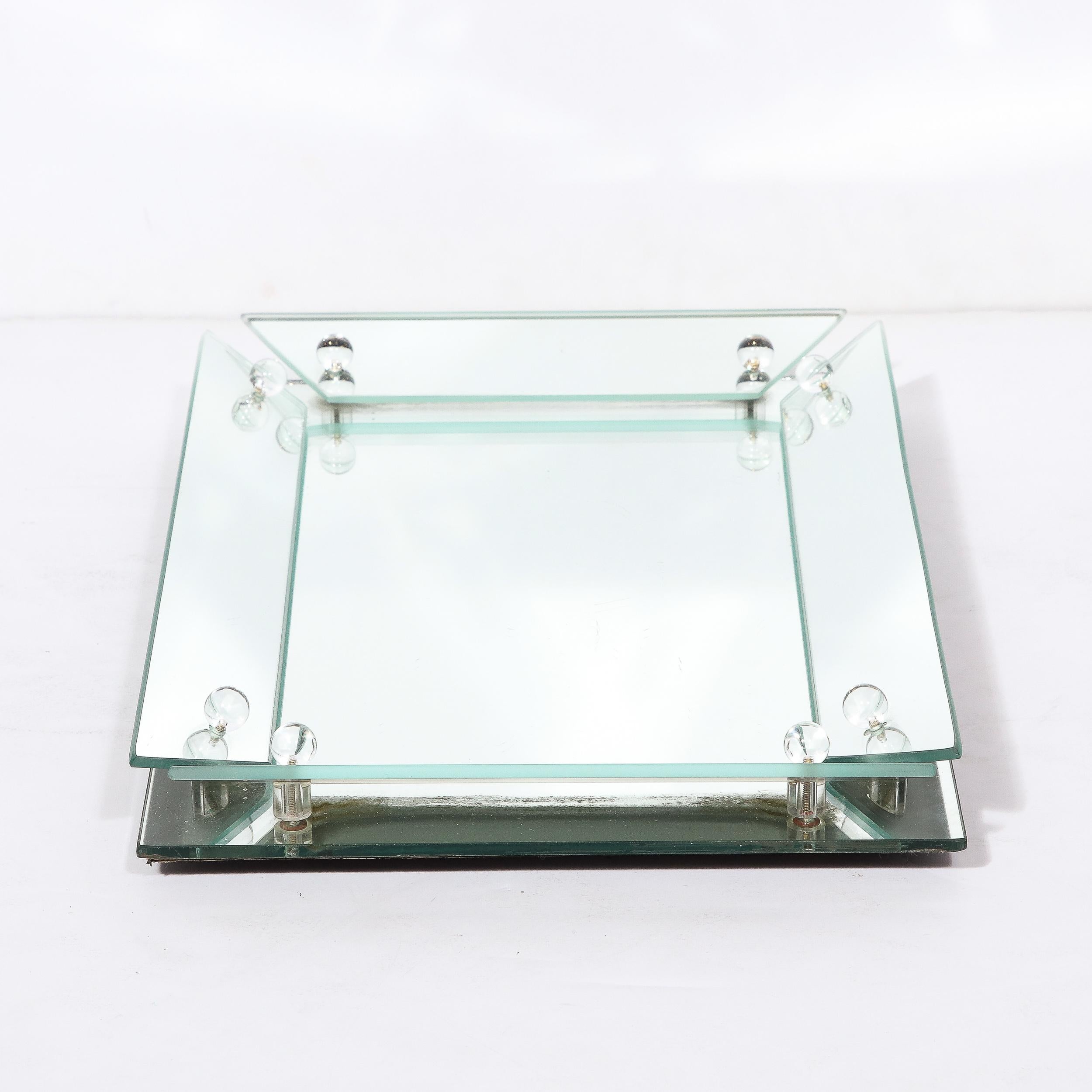 Mid-20th Century Art Deco Vanity Tray in Beveled Mirror Glass with Glass Studded Detailing For Sale