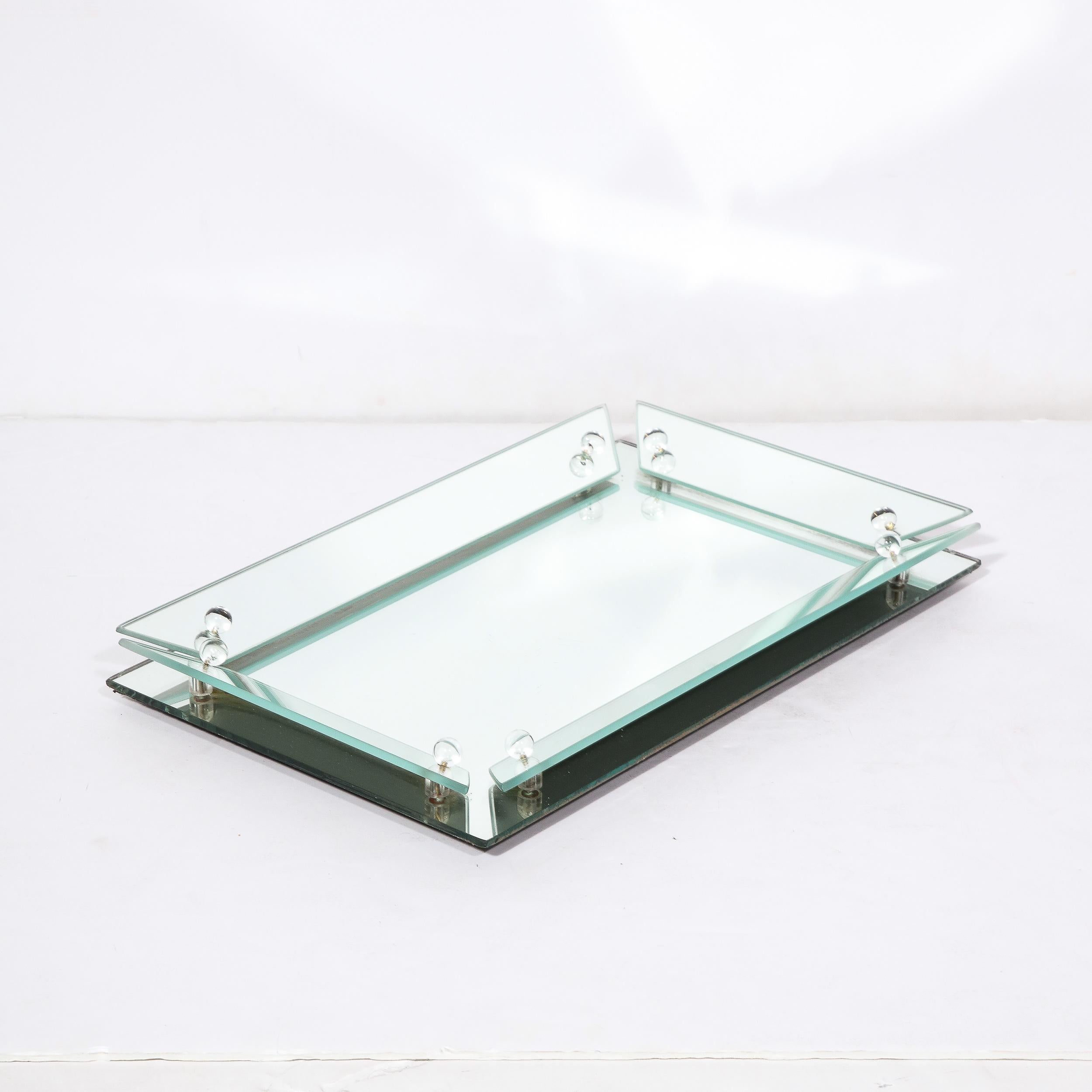 Art Deco Vanity Tray in Beveled Mirror Glass with Glass Studded Detailing For Sale 1