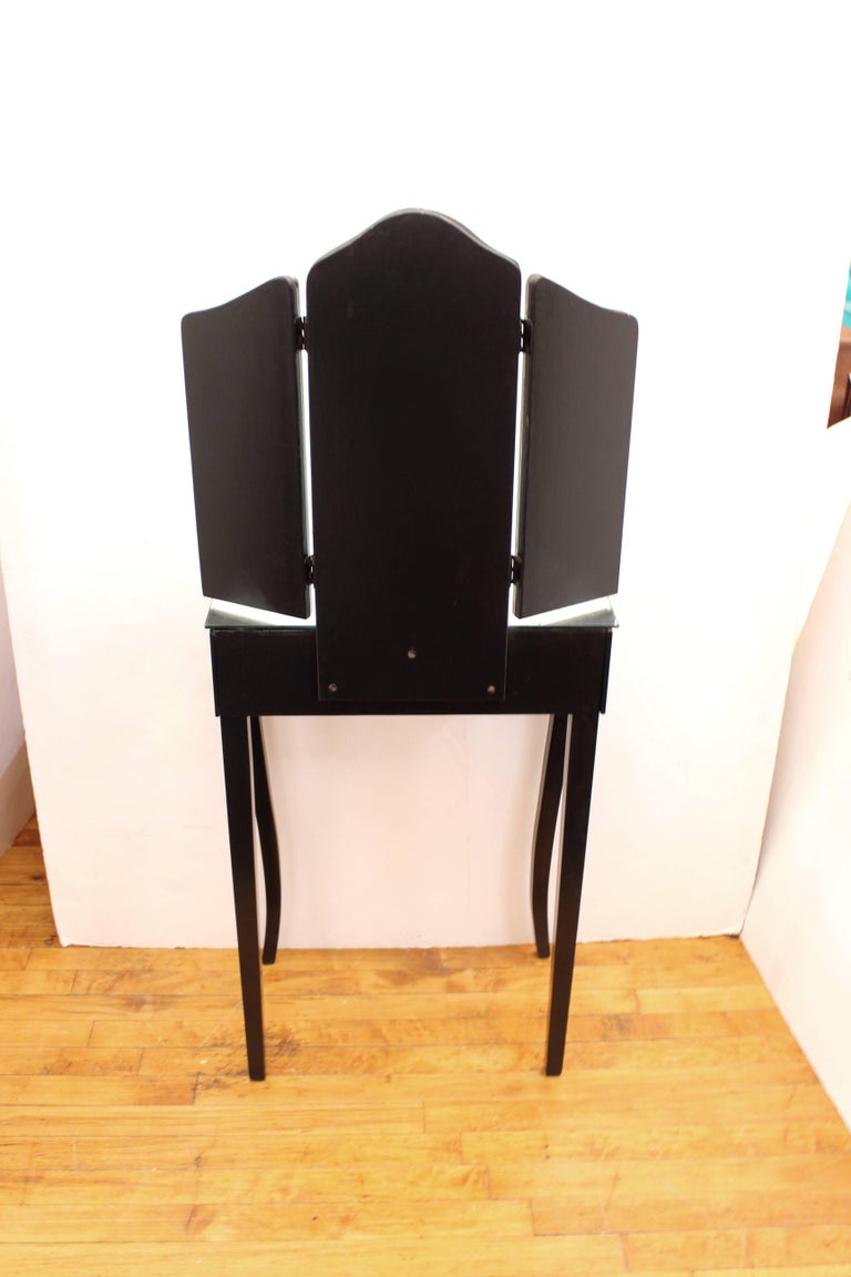 Art Deco Vanity with Mirrored Surface and Trifold Mirror For Sale at