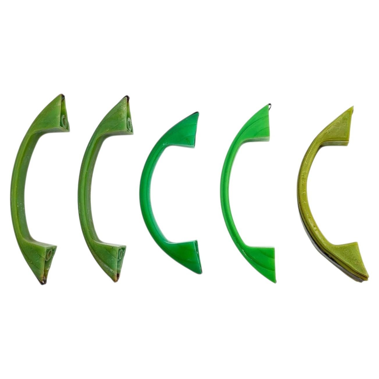 Art Deco Various Green Bakelite Drawer Pulls w/ Chrome Strip, Set of 5 For Sale