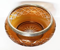 Art Deco Vase, Bowl in Carved Crystal Color Amber and Silver 800, Italy, 1930s