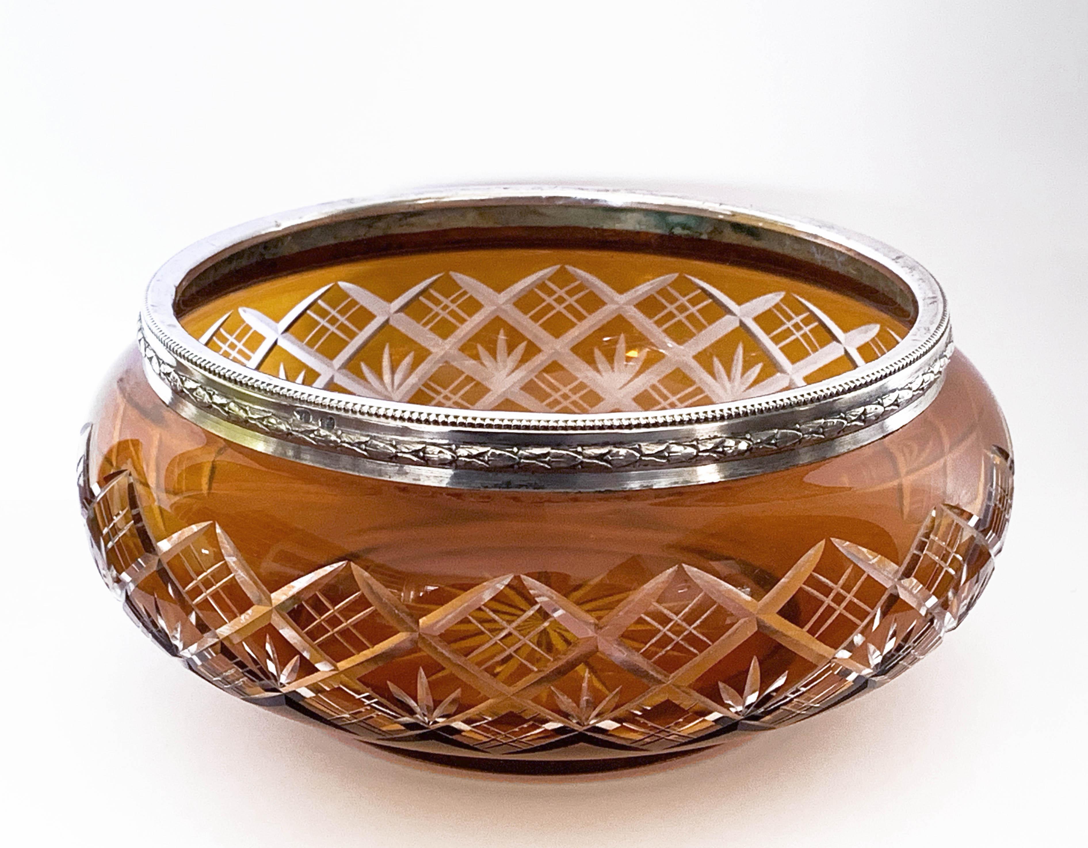 Italian Art Deco Vase, Bowl in Carved Crystal Color Amber and Silver 800, Italy, 1930s For Sale