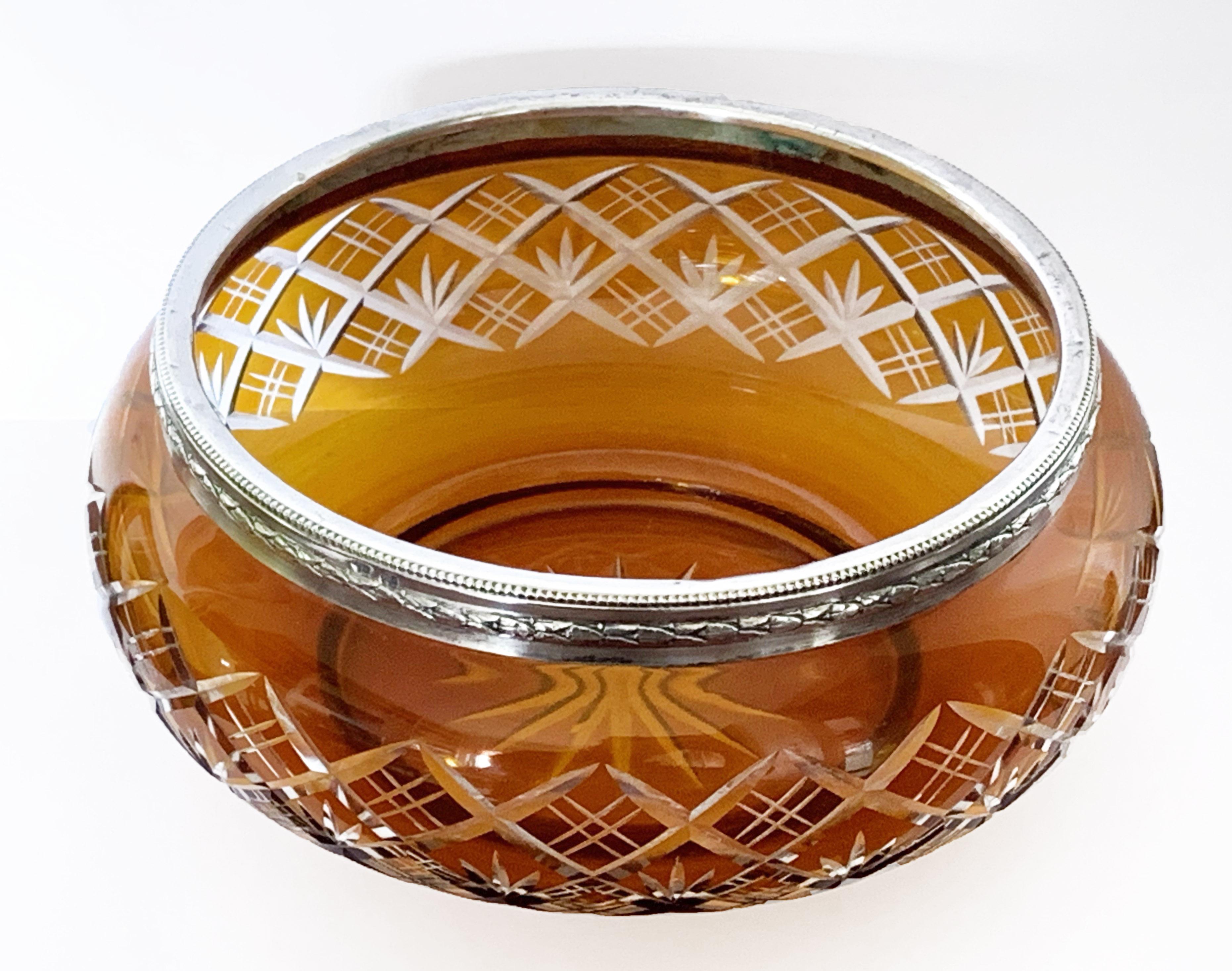 Art Deco Vase, Bowl in Carved Crystal Color Amber and Silver 800, Italy, 1930s In Good Condition For Sale In Roma, IT