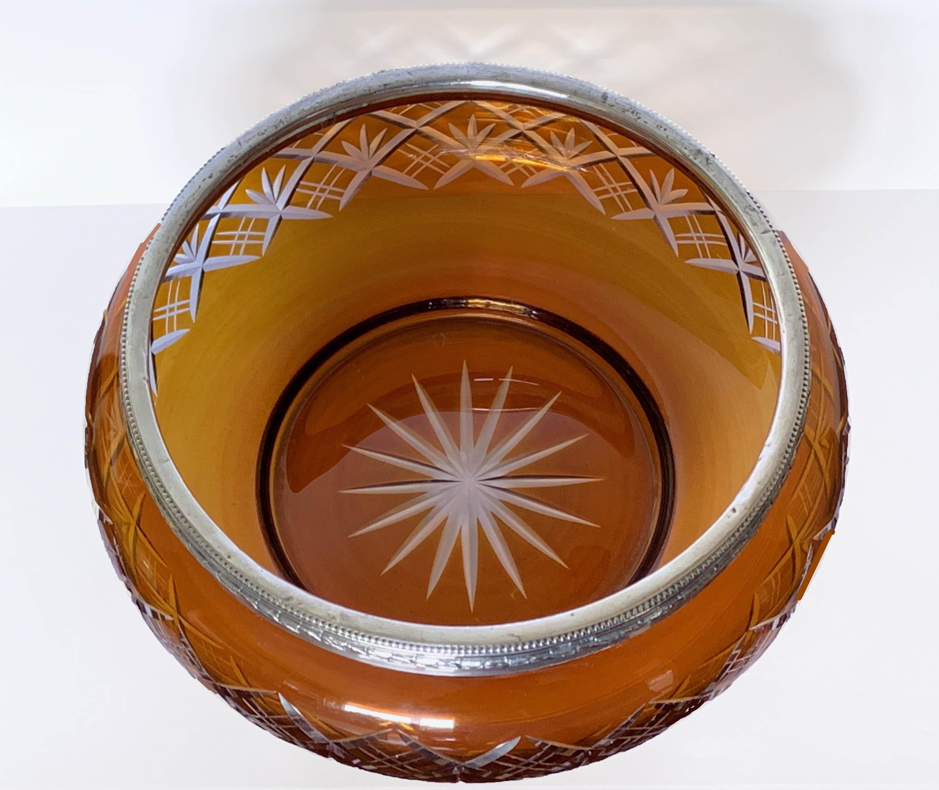 Art Deco Vase, Bowl in Carved Crystal Color Amber and Silver 800, Italy, 1930s For Sale 1