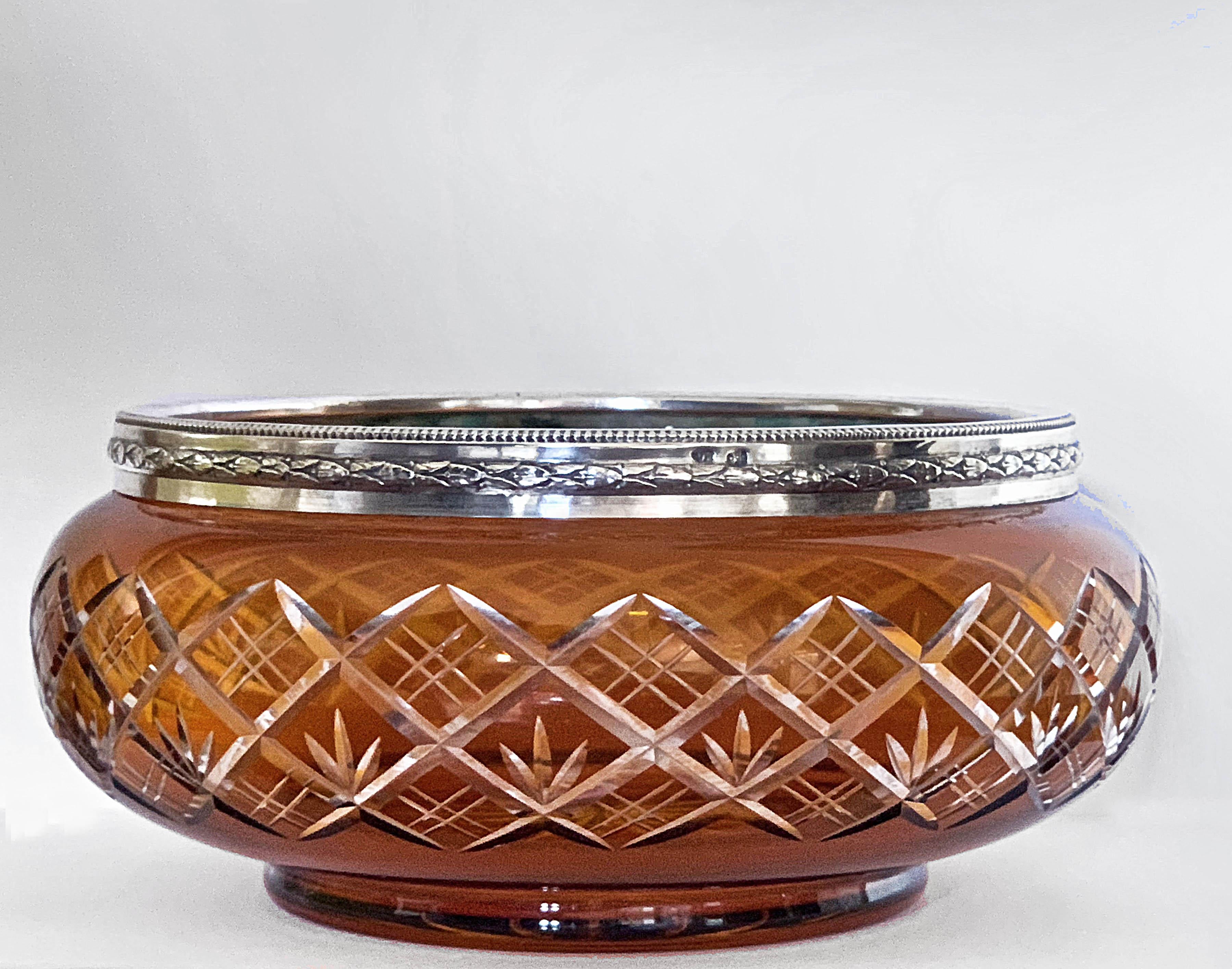 Art Deco Vase, Bowl in Carved Crystal Color Amber and Silver 800, Italy, 1930s For Sale 2