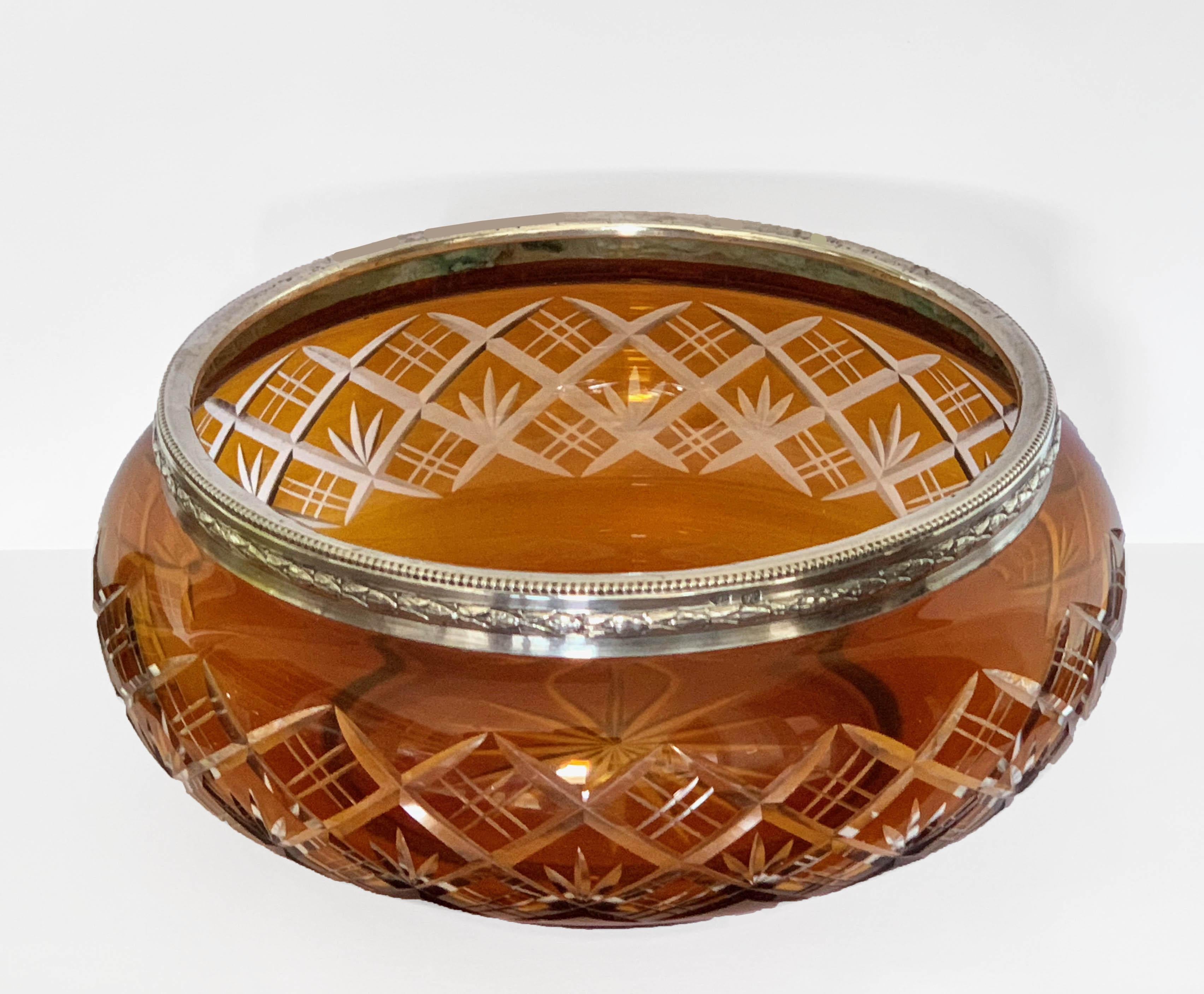 Art Deco Vase, Bowl in Carved Crystal Color Amber and Silver 800, Italy, 1930s For Sale 3
