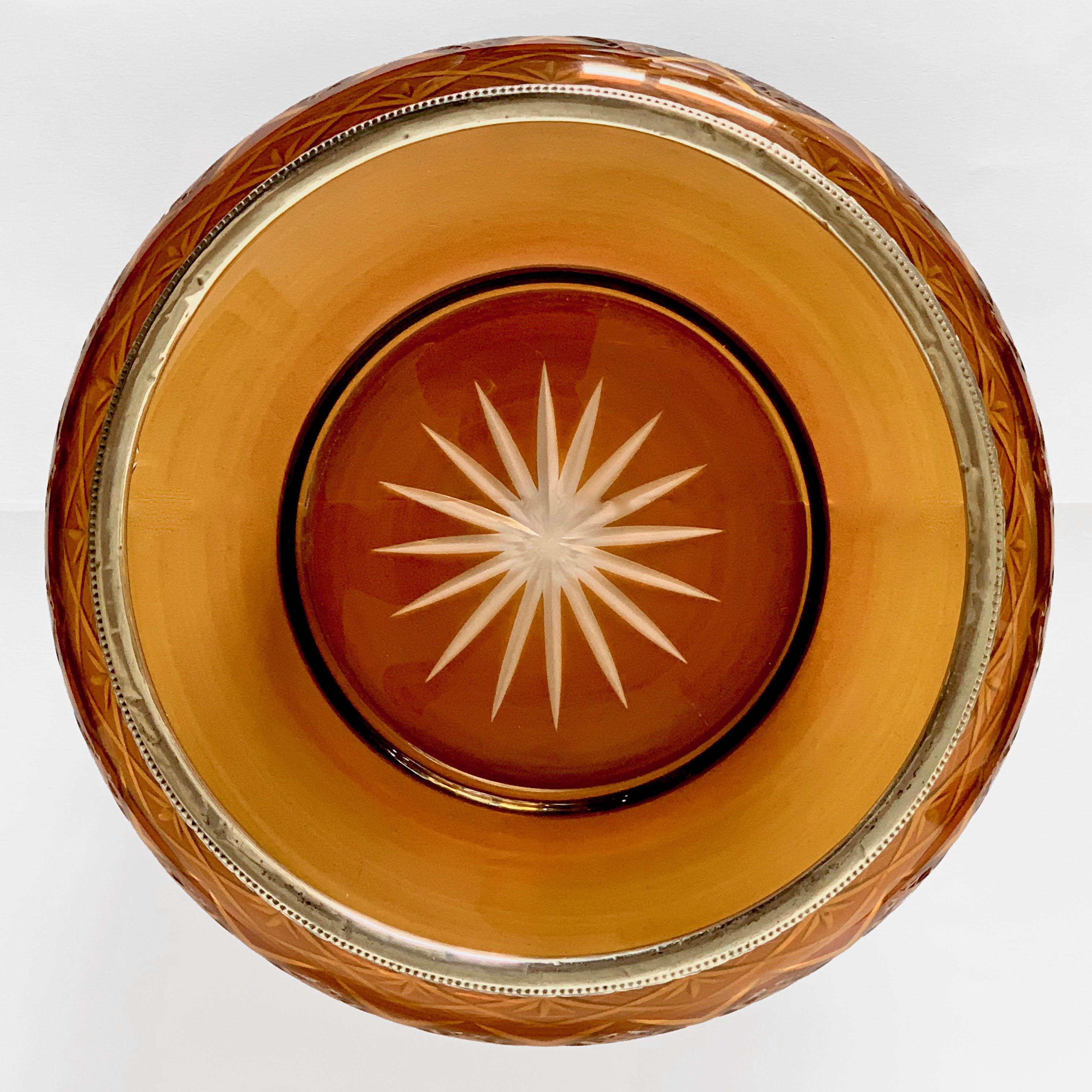 Art Deco Vase, Bowl in Carved Crystal Color Amber and Silver 800, Italy, 1930s For Sale 4