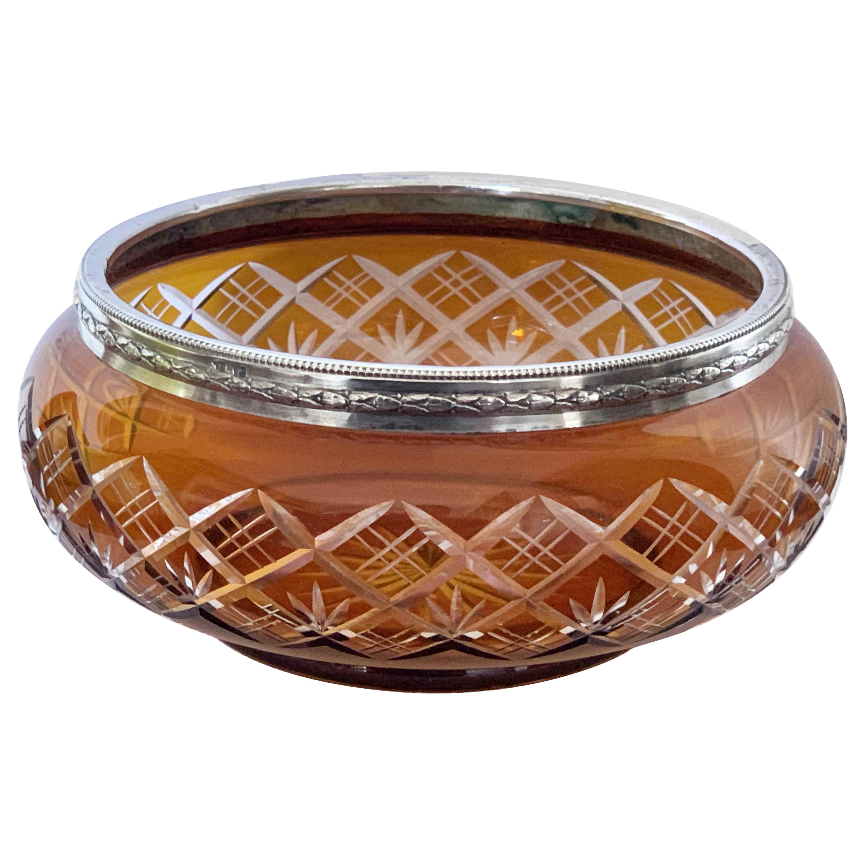 Art Deco Vase, Bowl in Carved Crystal Color Amber and Silver 800, Italy, 1930s