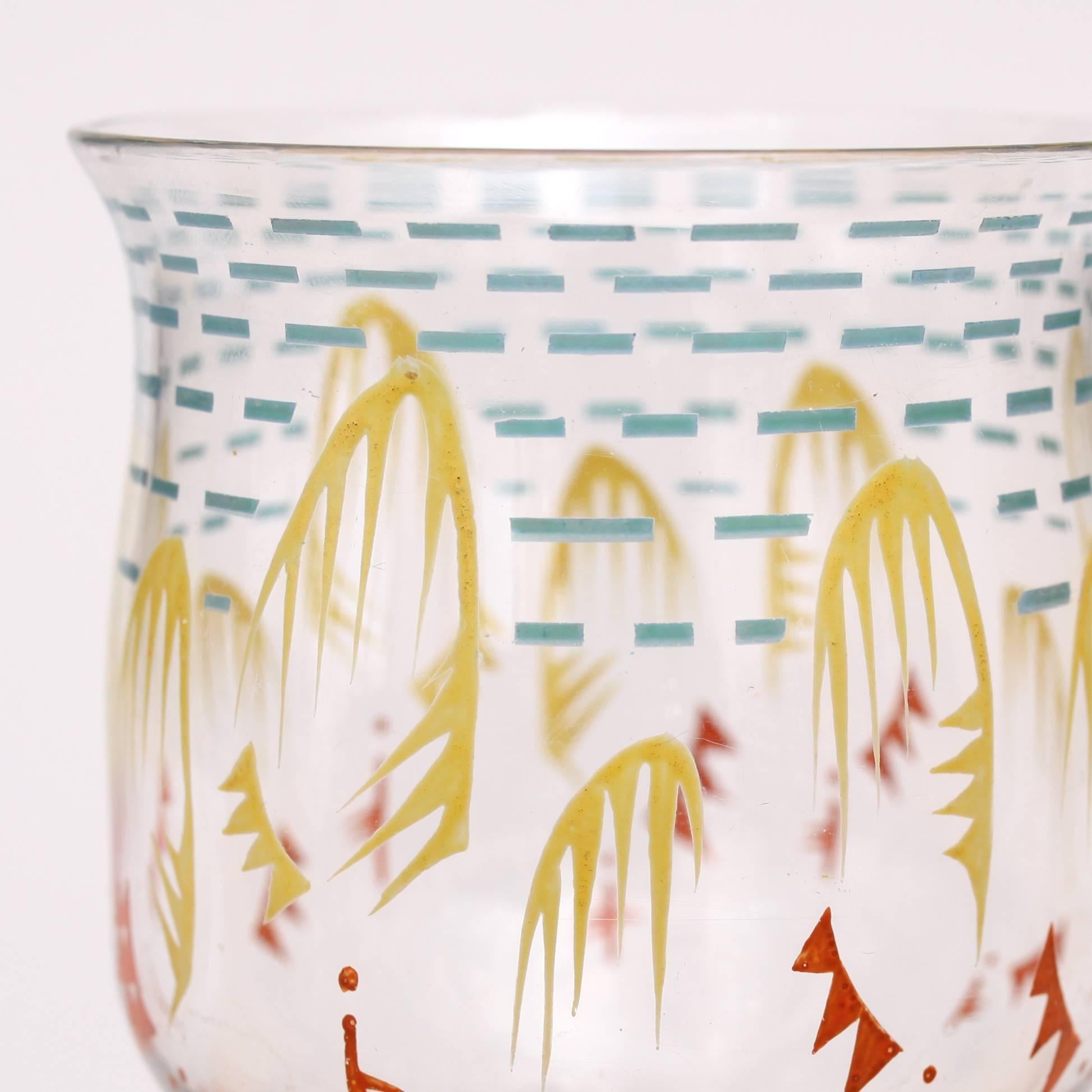 Dutch Art Deco vase with hand painted enamel decoration, design C.J.Lanooy, 1923, executed by Glasfabriek Leerdam / the Netherlands. Signed

(About Chris Lanooy)
Having established his career in ceramics from 1907, Lanooy was already working for